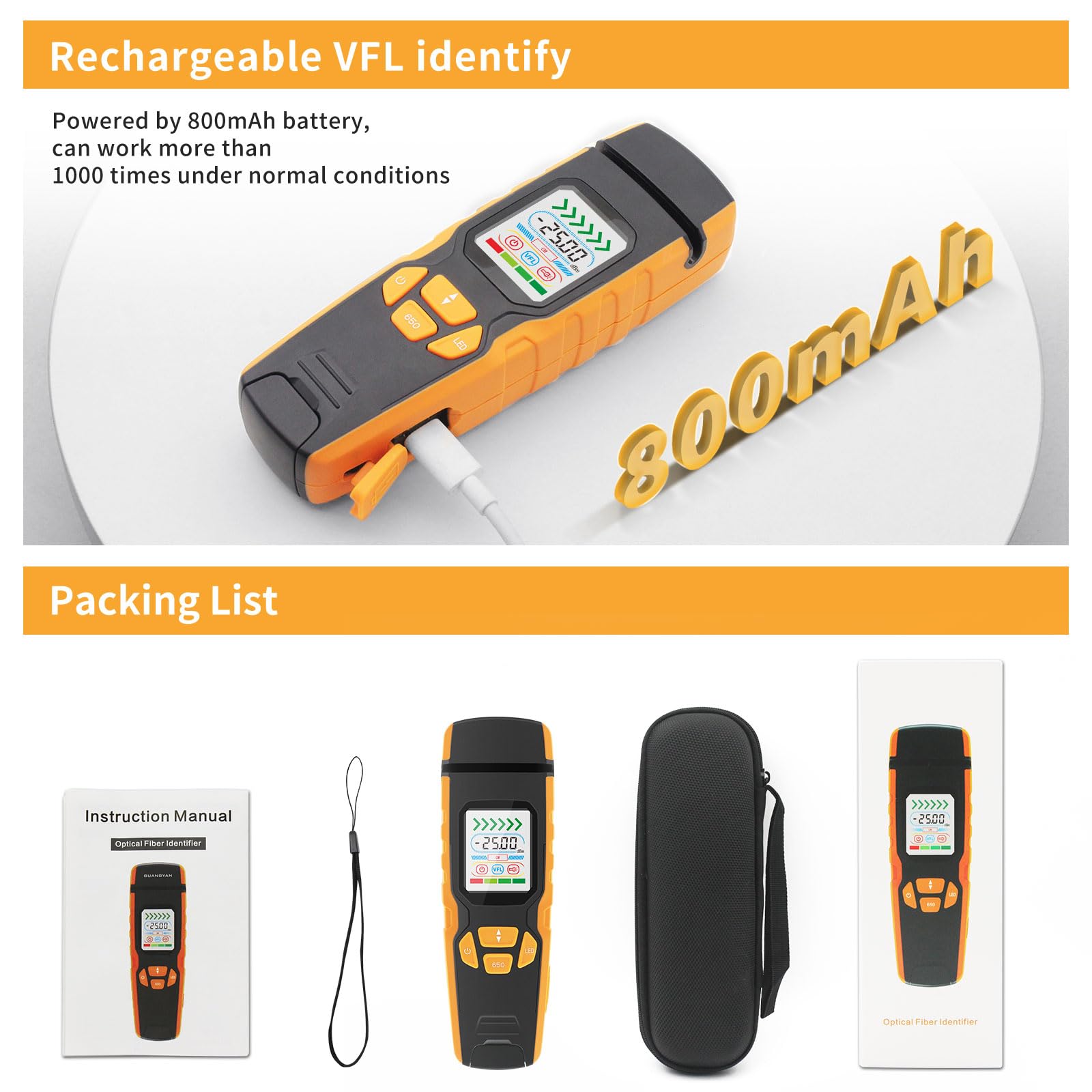 Henkion LWL Tester Handheld Glasfaser-Identifikator mit Echtzeit-Fehlerortung, 850-1700nm SM/MM Power Meter VFL Funktion LED Display, Glasfaserkabel Tester für Netzwerk & Telekommunikation