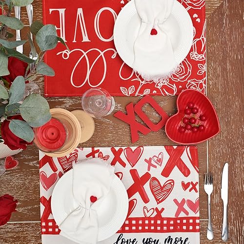 Miniatura 4 de ARKENY Juego de 4 manteles individuales con diseño de corazones y rosas rojas para el día de San Valentín decoración de interiores para mesa de