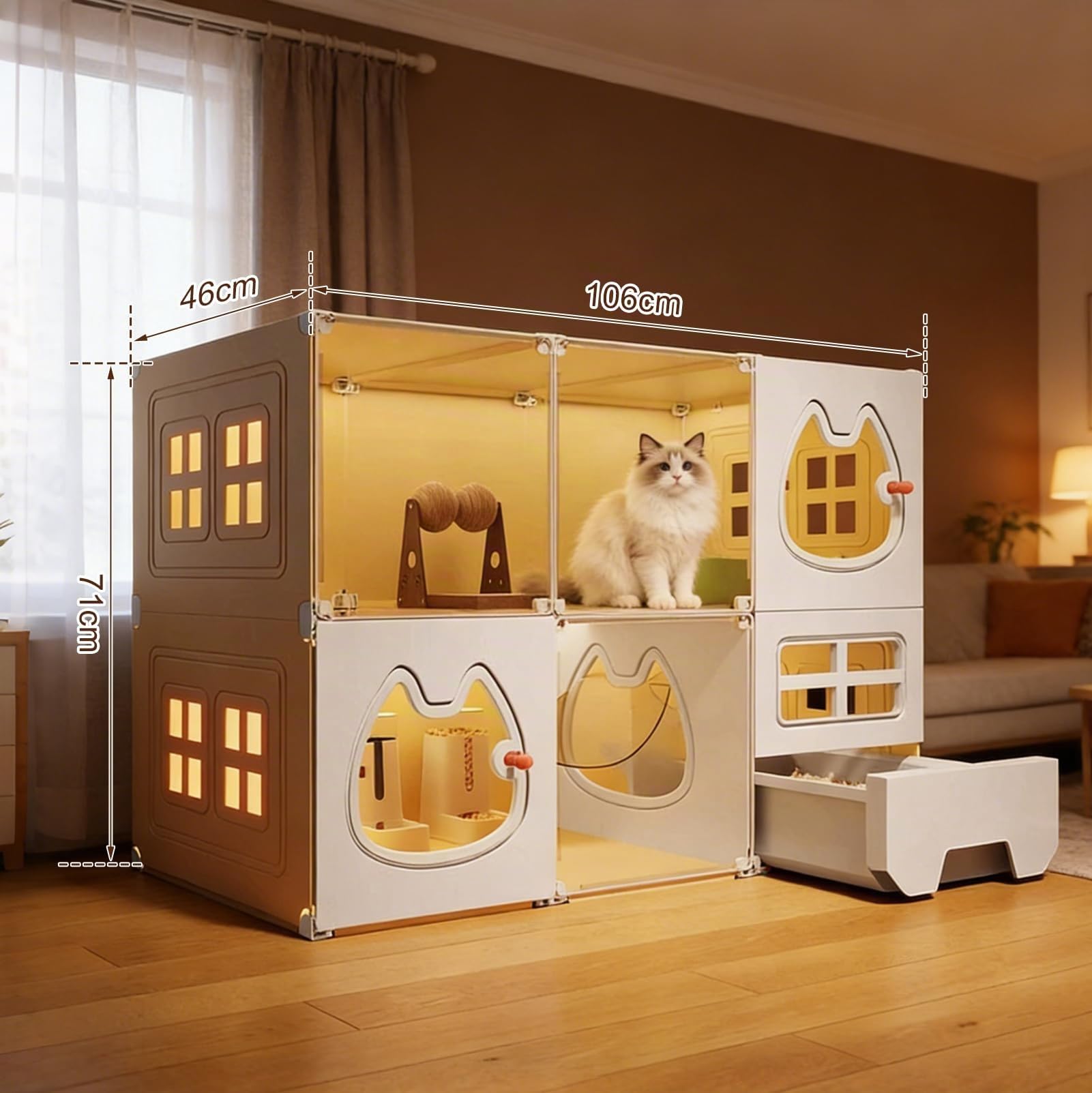 Grande cage d'intérieur pour chat avec toilettes, panneaux de clôture, installation facile