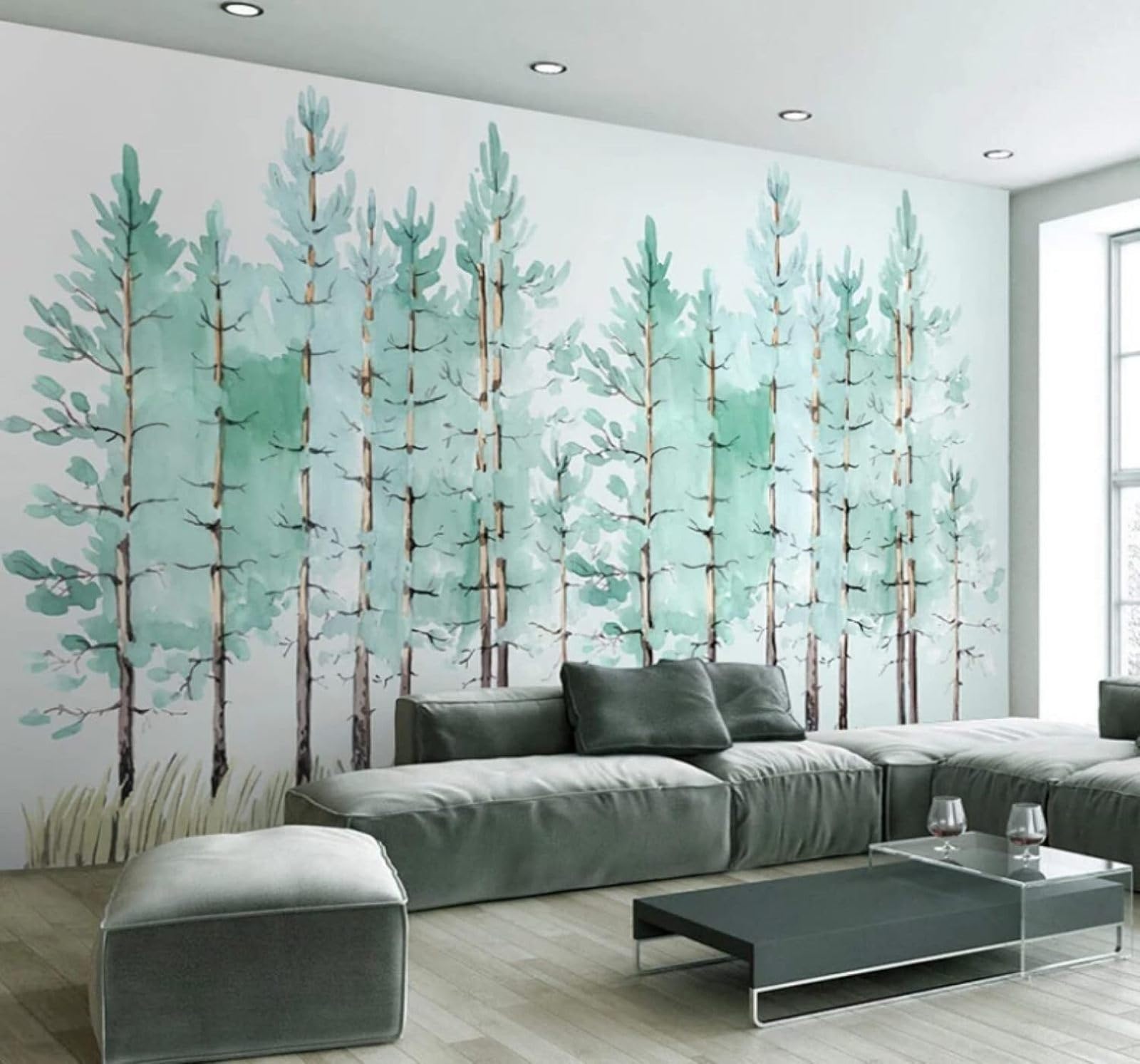 XLMING Fresh Hand Drawn Watercolour Green Forest 3D Wallpaper Luxury Silk Study Dining Feature Sofa Grey Bedroom Living Room Tv Decorative Wall-350cm×256cm