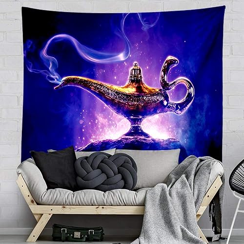 Aladdin - Tapiz de lámpara árabe, genio mágico árabe, decoración para colgar en la pared, mandala indio, bohemio, hippie, trippy, tapiz grande para