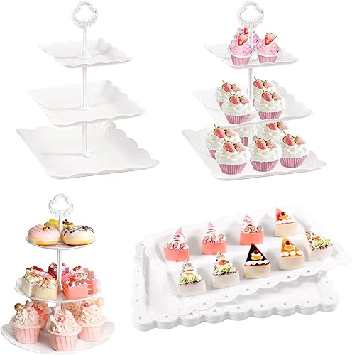 10 soportes blancos para cupcakes, soporte de plástico de 3 niveles, juego de exhibición de mesa de postre incluye 7 bandejas de postre y 3 soportes