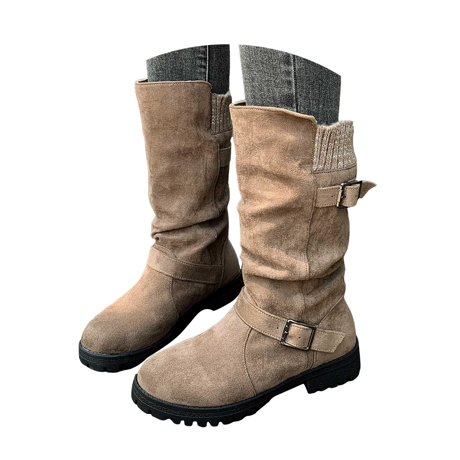 Women Platforms Mid Calf Boots Wide Calf Slouchy Ruched Suede Knit Cuff Winter Riding Booties Chunky Block Heels