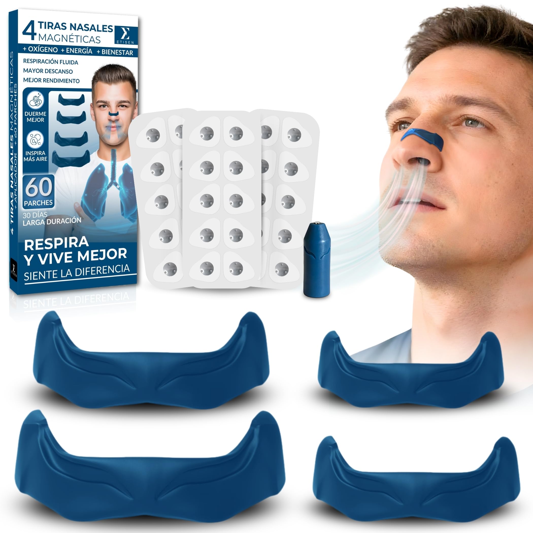 ETISEN, Tiras Nasales Magnéticas 60 Parches Transparentes (30 Días) + Aplicador Magnético y Guía QR – Antirronquidos, Dilatador Nasal para Dormir y Deporte, Mejora la Respiración y Oxigenación (Negro) — view 9