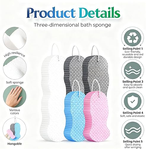 Miniatura 4 de Esponja de baño exfoliante mágica, exfoliante corporal 3D súper suave, reutilizable, removedor de cepillo de ducha de mano, piel muerta para