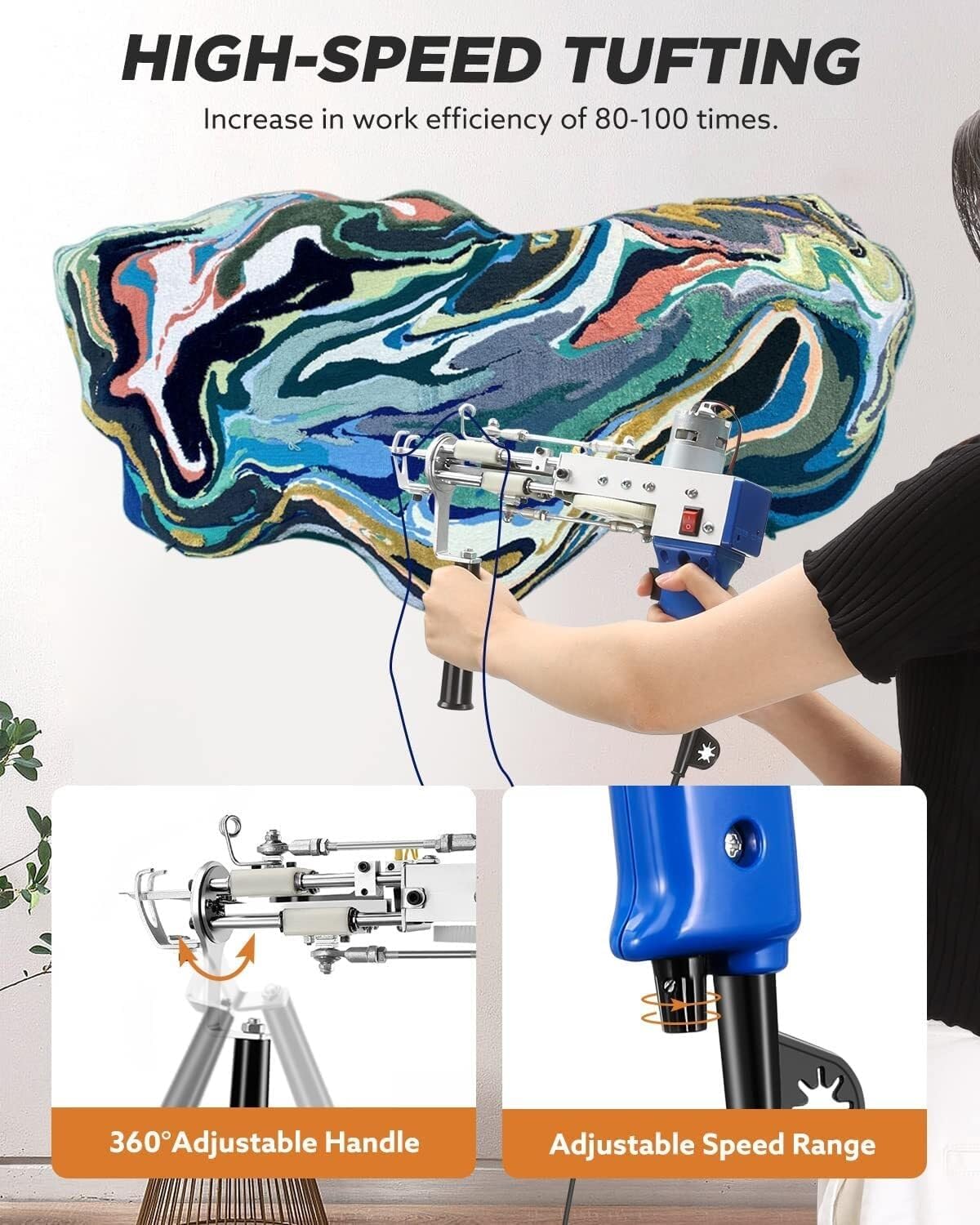 Electric Cut Pile Tufting Gun Rug Making Kit, Carpet Weaving Machine with 360° Adjustable Handle, DIY Tool