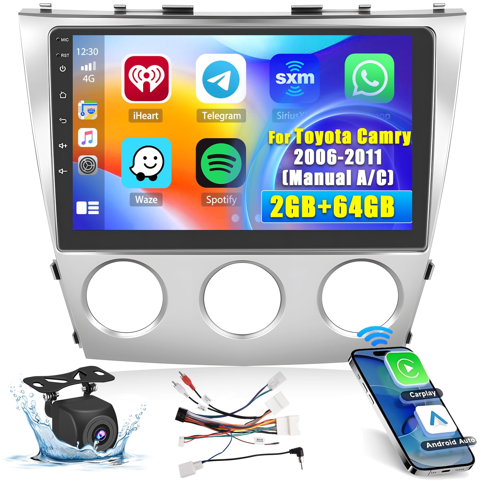 Hikity 2+64GB for (Manual A/C) Toyota Camry 2006-2011 Radio 10.1 Inch Touchscreen Car Radio Wireless Carplay Android Auto Support GPS Navigation WiFi Bluetooth FM EQ Backup Camera