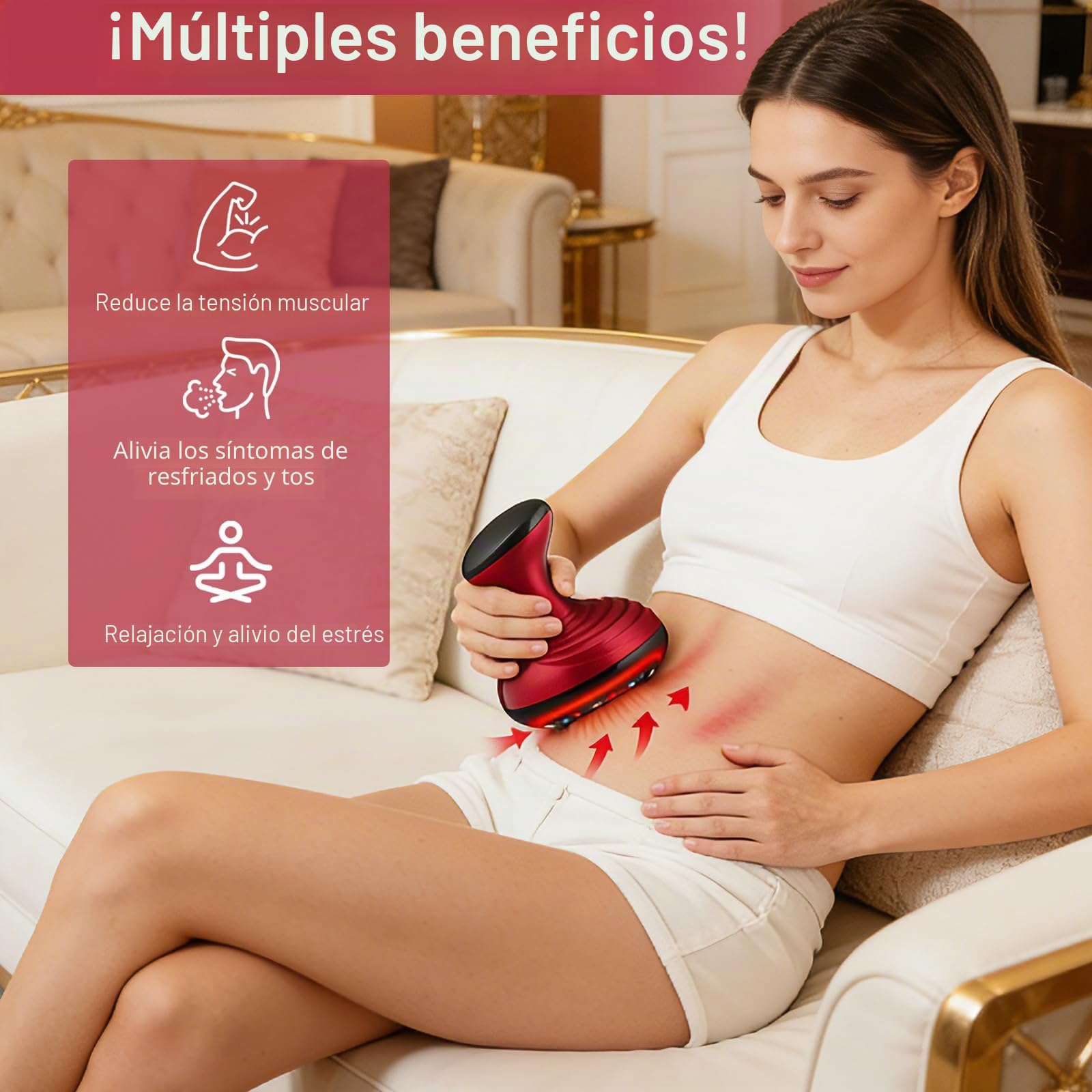 Masajeador eléctrico con ventosa, 24 puntos de succión, 9 niveles de succión, 8 puntos de infrarrojos rojos, función de calentamiento, cepillo meridiano y masaje de raspado, adecuado para abdomen