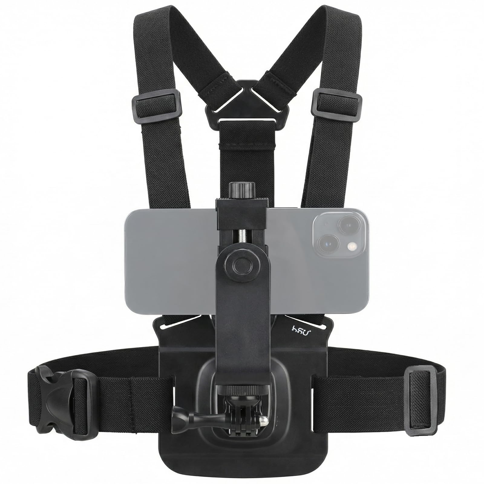 HSU Soporte para teléfono móvil con correa para el pecho, con cierre rápido J-Hook Clip para cámara de acción y soporte para teléfono móvil, set de accesorios para grabación de vídeo POV/VLOG