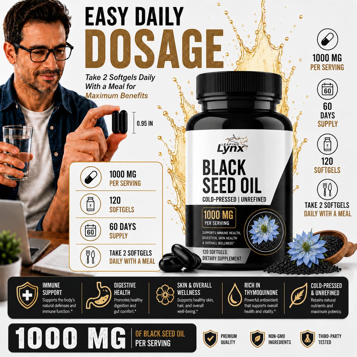 Leaping Lynx Black Seed Oil 1000mg Capsules – Cold-Pressed Nigella Sativa Black Cumin Seed Oil Supplement for Immune, Heart & Digestive Health – Non-GMO, 120 Capsules, 60-Day Supply — Amazon image 4