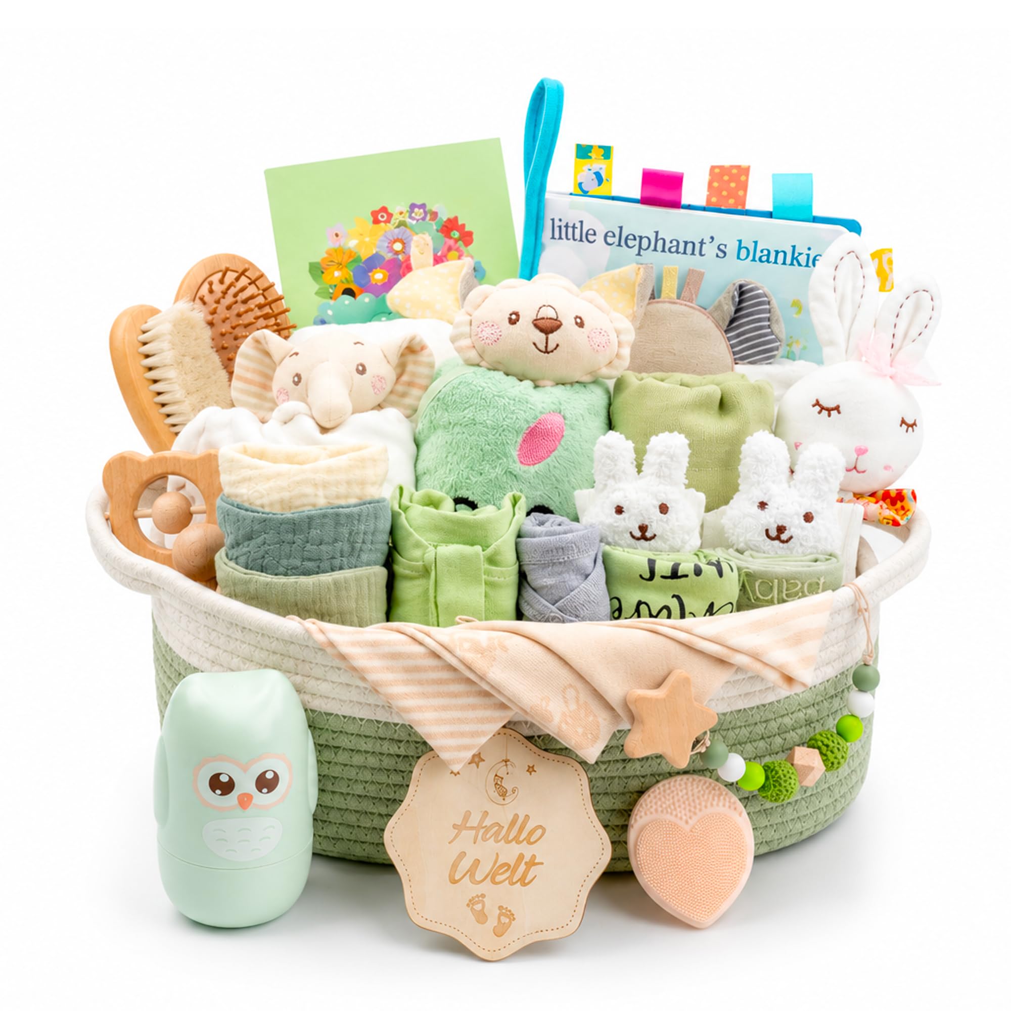 Cadeau pour bébé 30 pièces - Grand panier cadeau idéal comme cadeau de nouveau-né pour garçons et filles - Comprend : serviette de bain à capuche, ensemble bébé, doudou, hochet, peigne et carte de