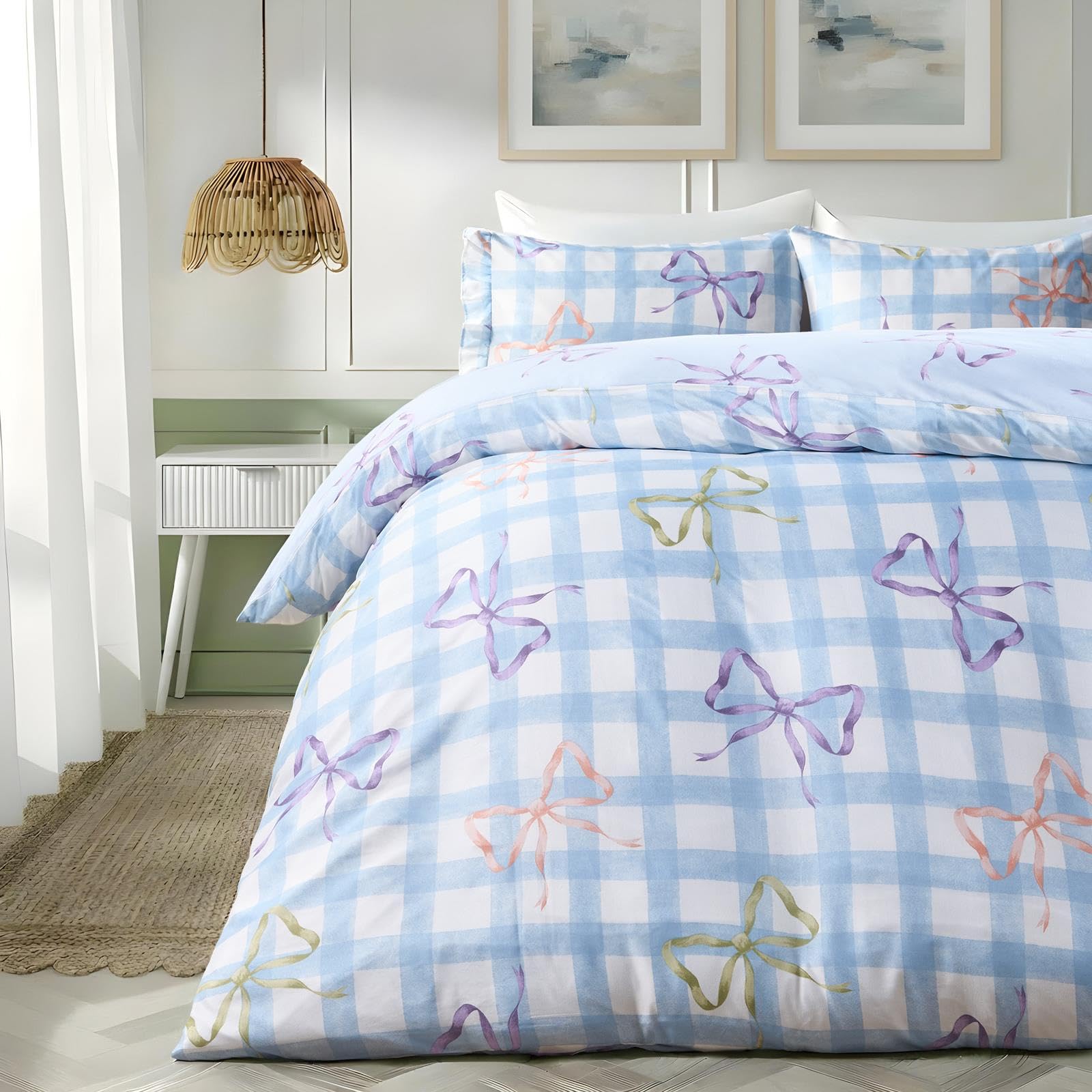 Ohs Bow Gingham Bedding Set Microfibre Duvet Cover With PillowcaseBlue/whiteDouble from B&Q