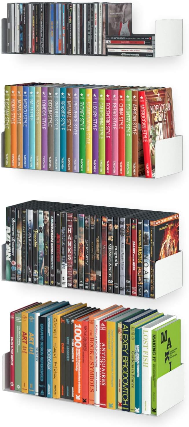 Wallniture Bali White Bookshelf and CD DVD Storage Shelf Set of 4, Metal Floating Book Shelves for Wall