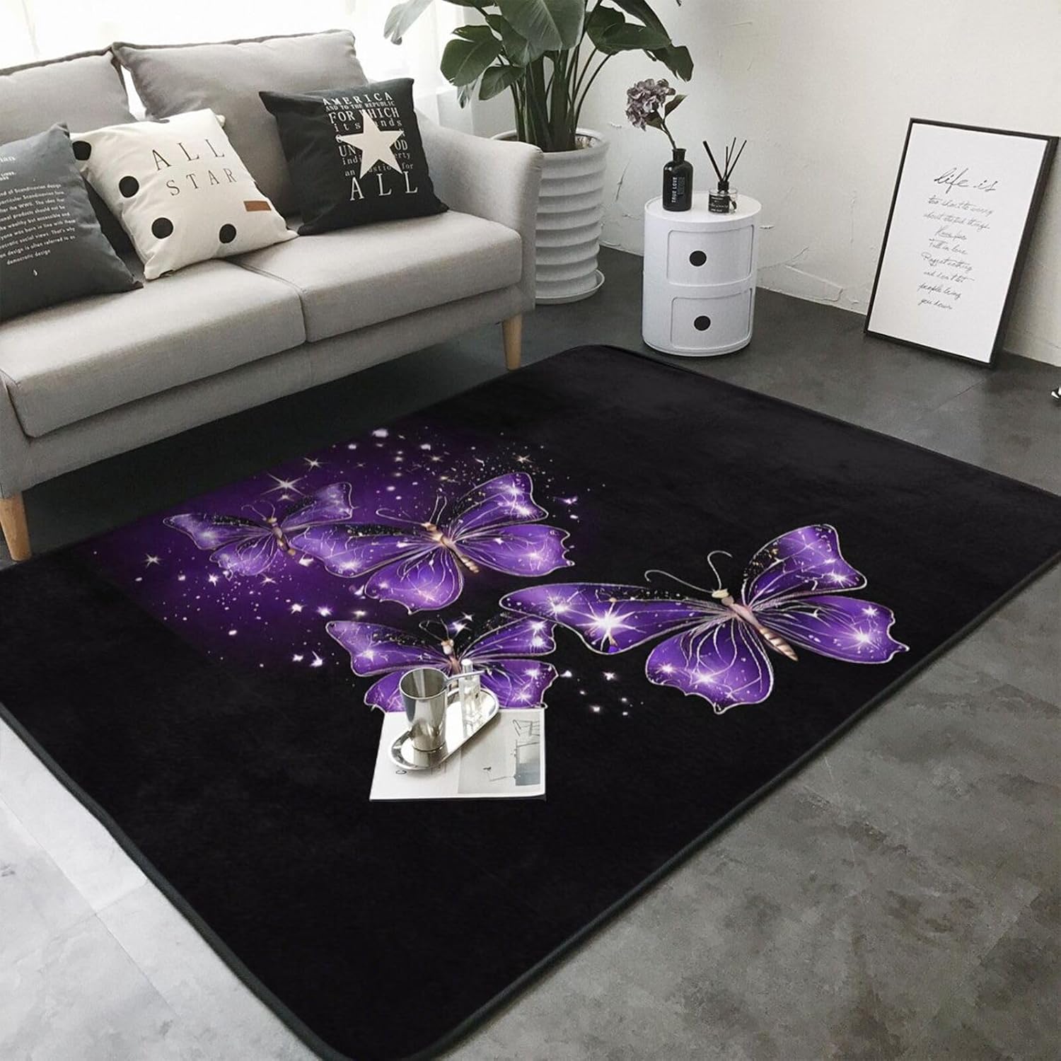 Flannel Non-Slip (Background with Night Butterflies) Rug Pad 80×50in Soft Washable Protective for Hardwood Floors Bedroom Bathroom Living Room