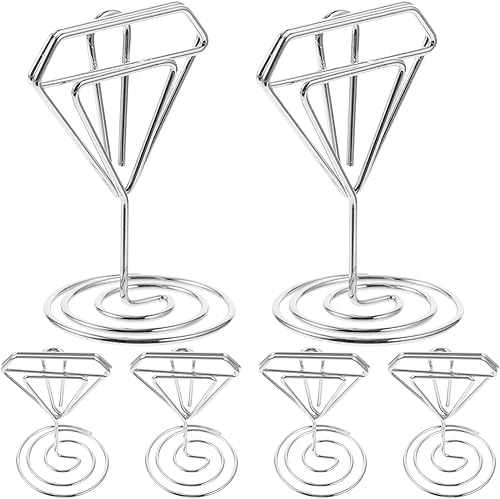 Luxshiny Juego de 6 mini tarjetas de lugar, soporte de alambre de metal, soporte de números de mesa de diamante, clips de fotos decorativos para