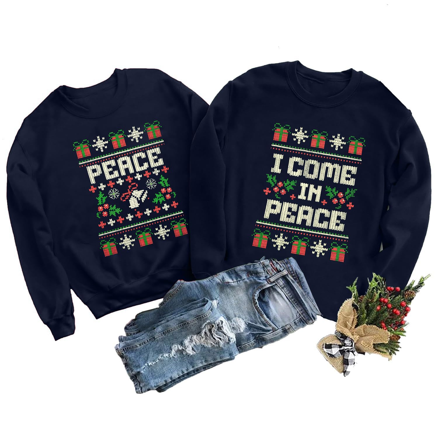 DUTUT I Come In Peace Peace Sweatshirt Couples Christmas Matching Shirts for Husband and Wife Long Sleeve Tops