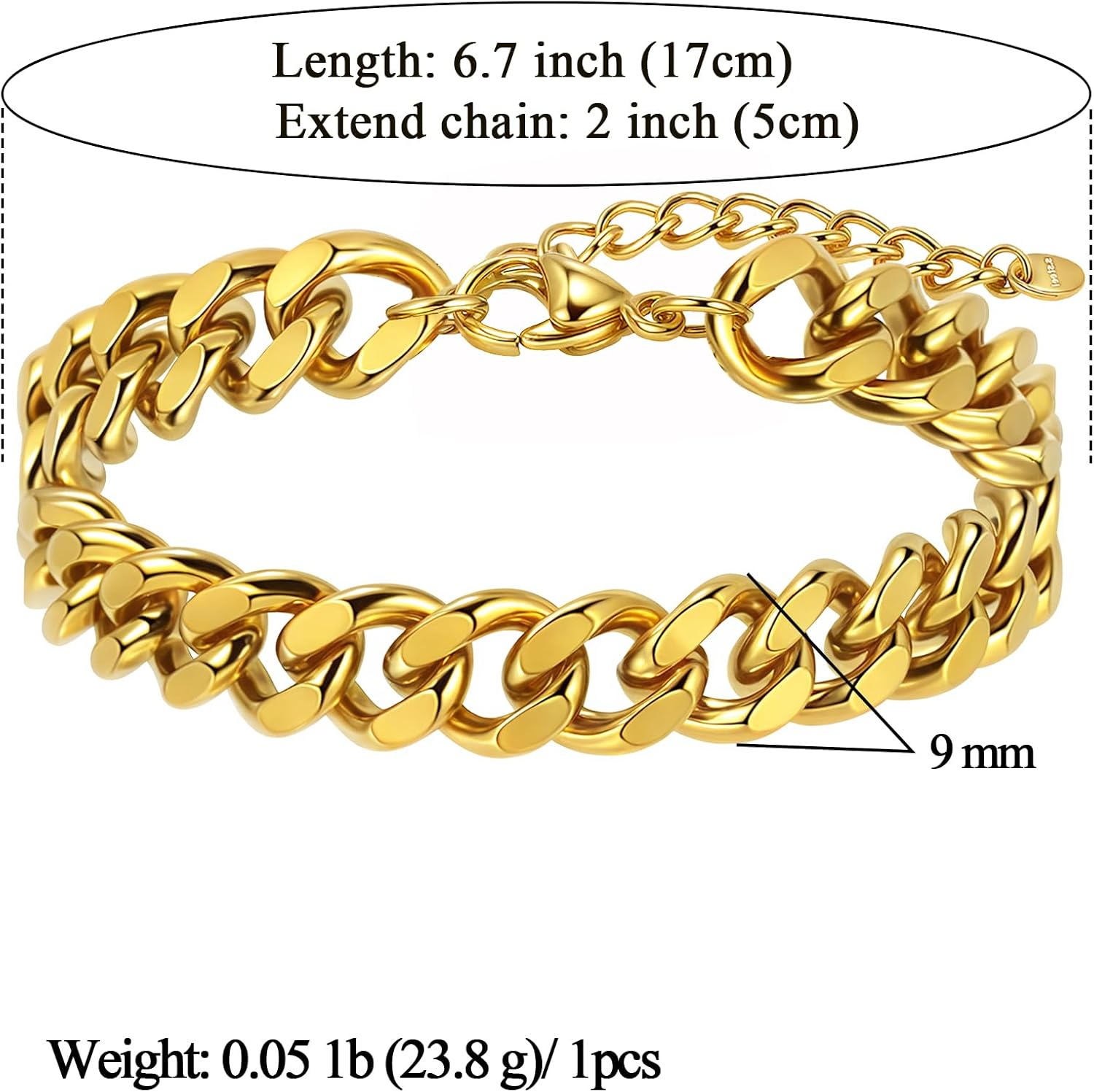 14K Gold/Silver 316L Waterproof Stainless Steel Bracelet For Men, Cuban Chain, W:9mm, L:6.7"+2, Hypoallergenic Jewelry Anniversary Birthday Gifts Friends - Image 2