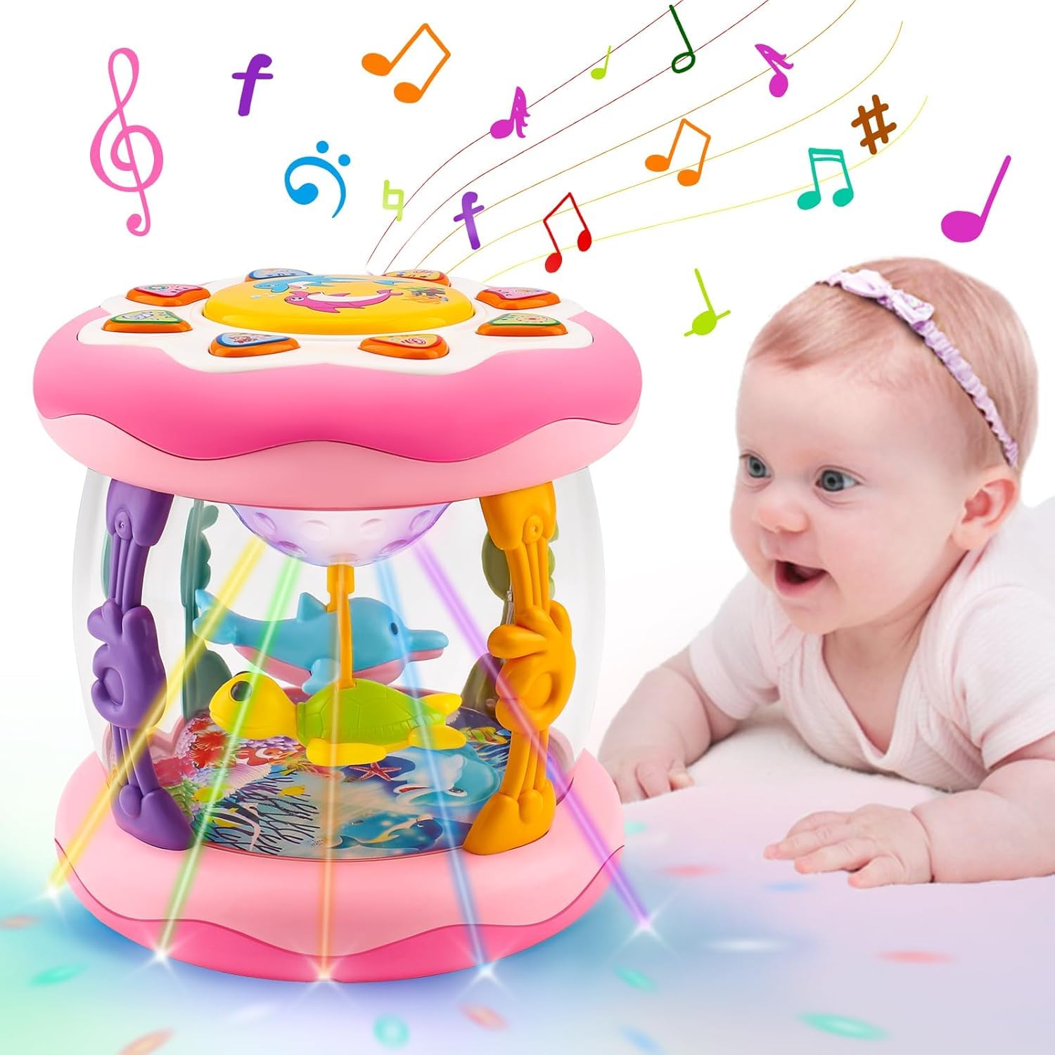 Baby Musical Light Up Toys 12+ Months Ocean Projector Rotating Tummy Time Infant 12+ Months Learning Crawling Pink Toys Babies 12-18 Month Boys Girls 1 2 3 Year Old Birthday Baby Gifts