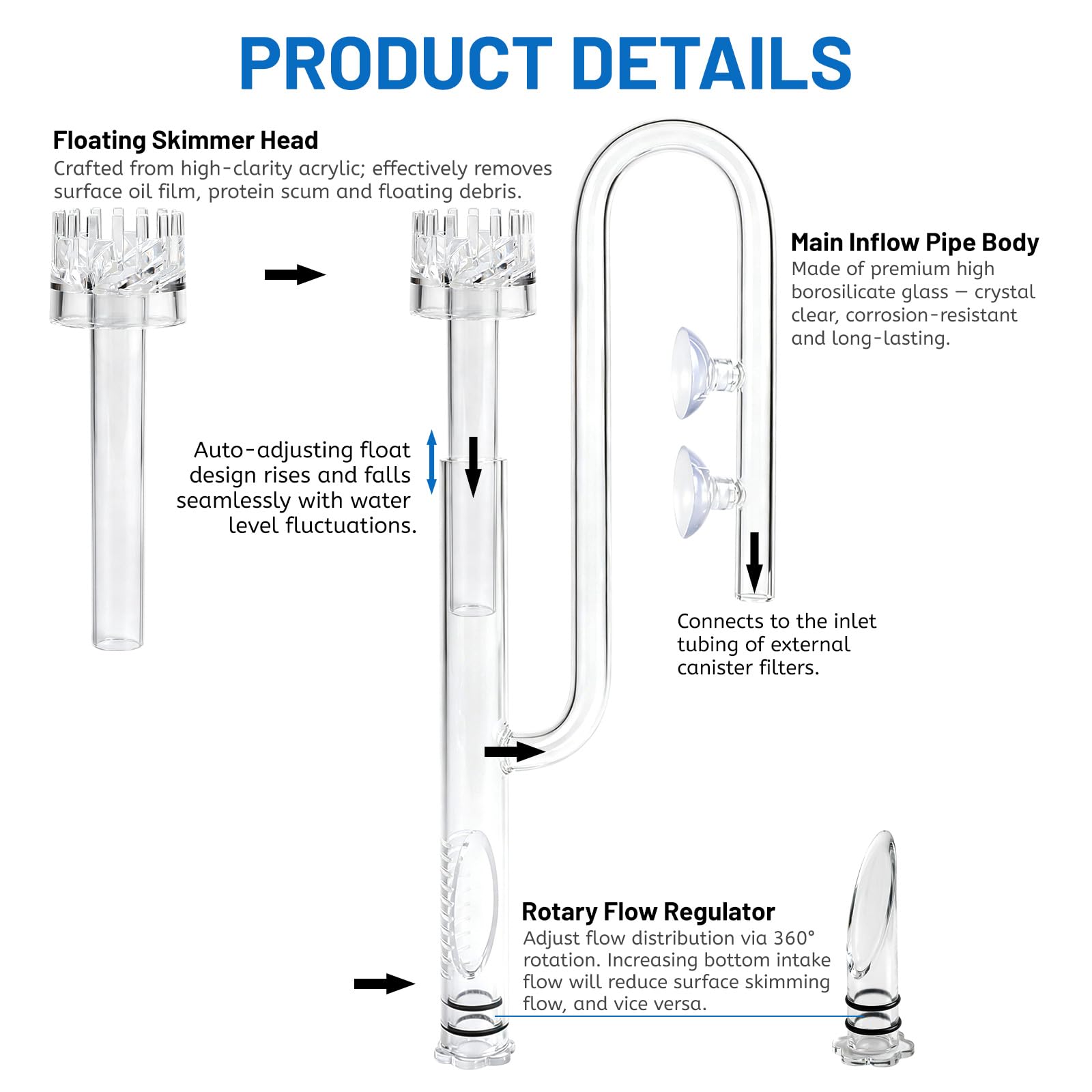 lalago Tube en Verre de Marque Lily Pipe de 17mm, Ecumoire d’Aquarium Arrivée et Sortie avec Les Tuyaux de Filtration de 16/22 mm (5/8" de Diamètre Intérieur), Tuyauterie de Filtration de Surface