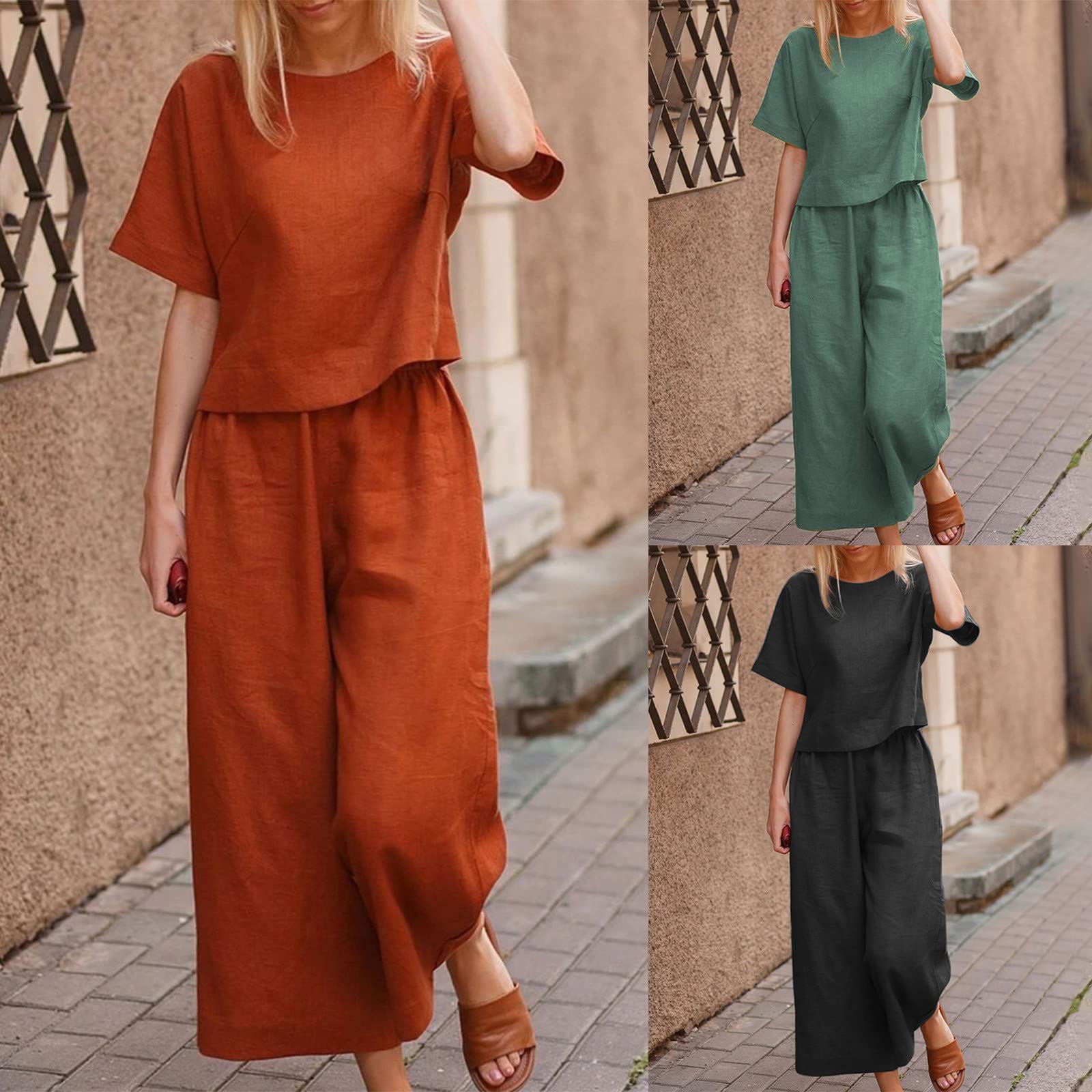 AACH Damen Sommer Zweiteiler Kurzarm Rundhals Oberteil und Hose Hosenanzug Elegant Boho Outfits Leicht Einfarbig Freizeitanzug Lockere Leinenanzug Modische Lounge Set Urlaub 2 Teiler