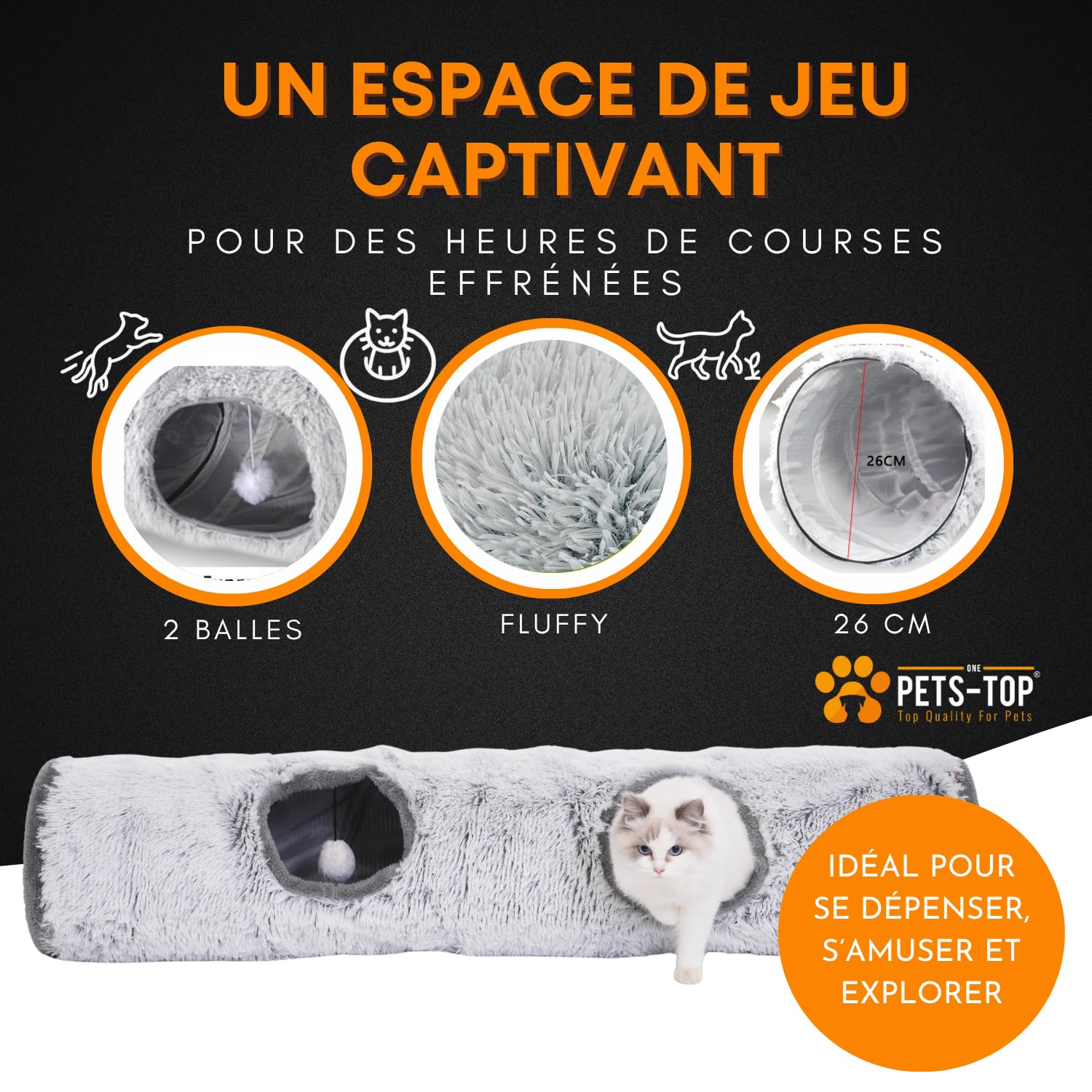 One PETS-TOP Tunnel Chat – Tunnel pour Chat XXL – Jouet Intéractif pour Interieur – en Peluche Douce – Tunnel Chien Furet Lapin – Tapis Cabane Cat Tunnel – 120 cm