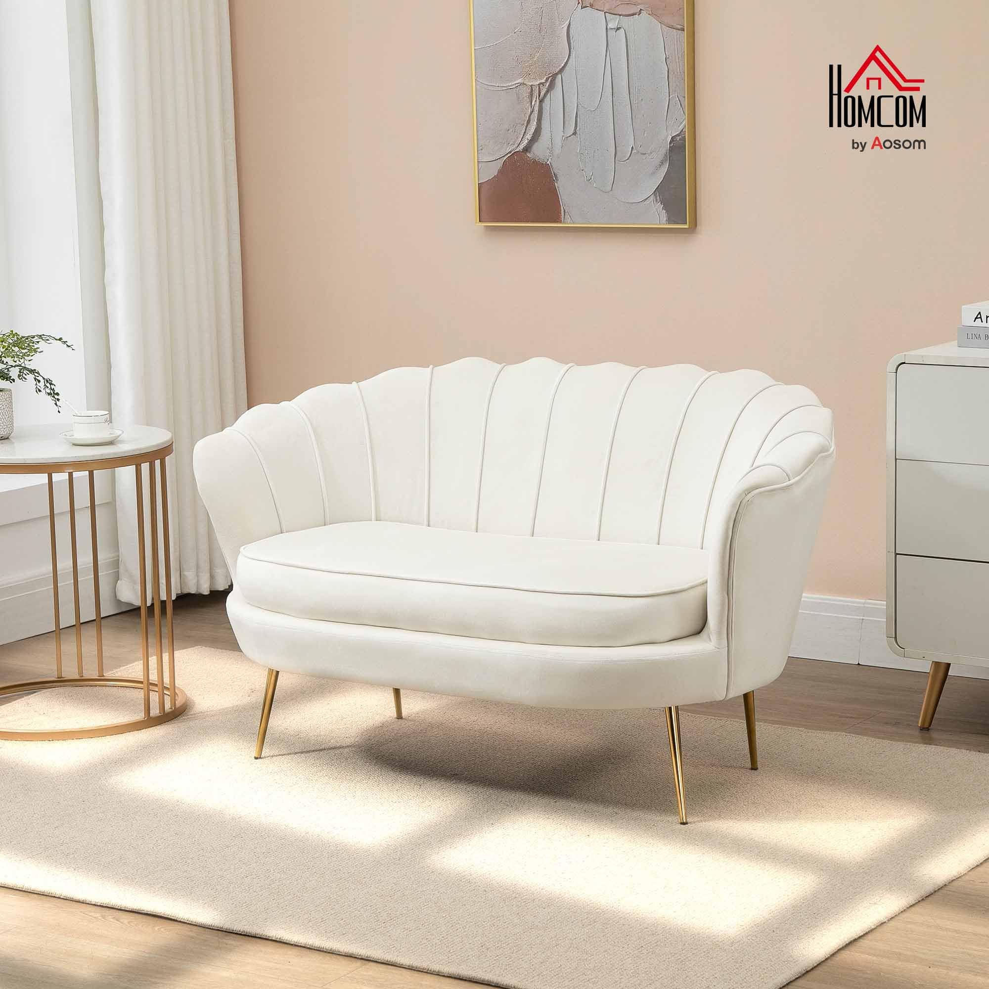 HOMCOM Divanetto 2 Posti in Tessuto Effetto Velluto, Piccolo Divanetto Vintage con Braccioli, Moderno, Seduta Imbottita per Camera da Letto e Soggiorno, 130x77x77cm, Bianco