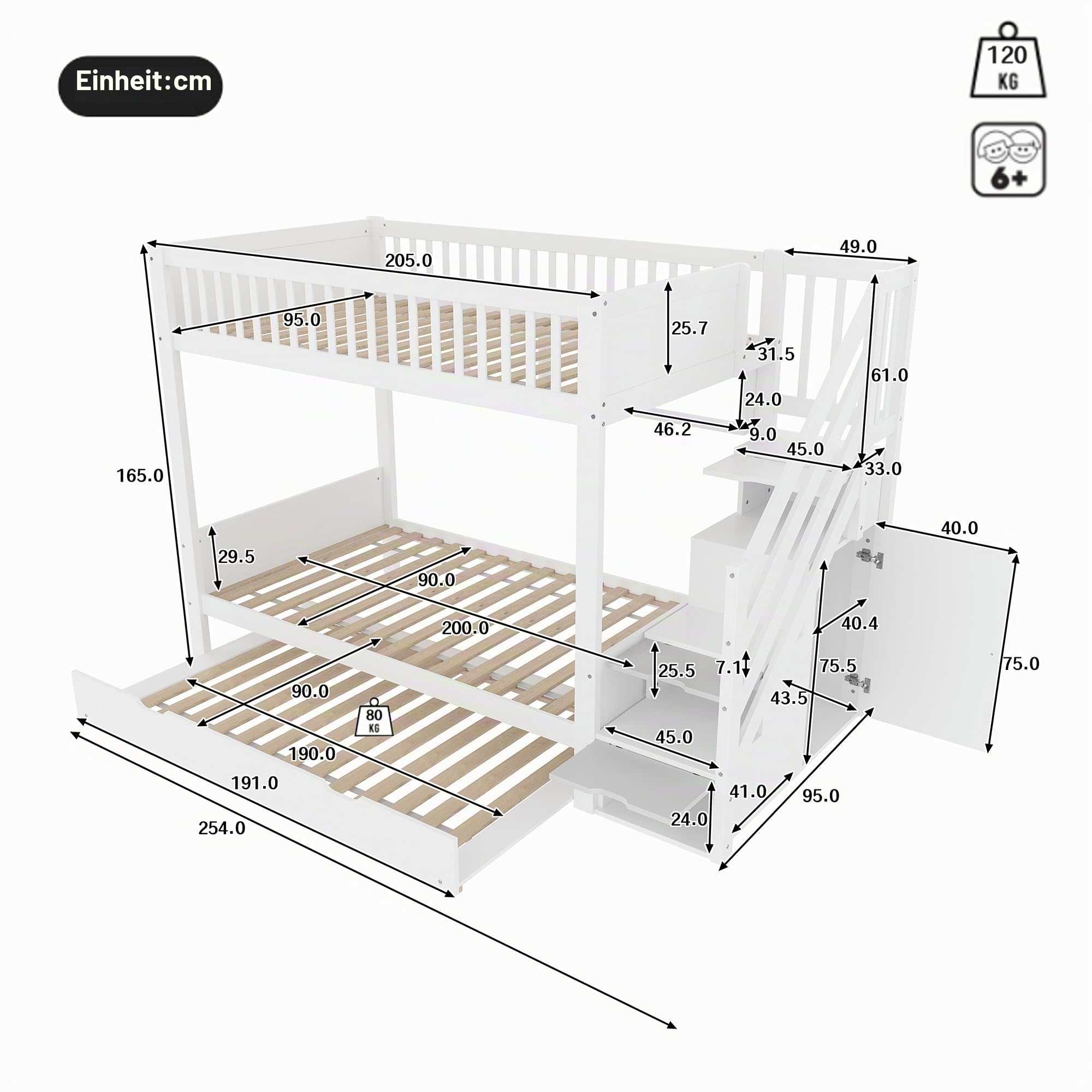 Merax Etagenbett Kinderbett 90x200 cm, Hochbett mit Ausziehbett, Kleiderschrank, Ablageleiter und Regal - Bettgestell mit Lattenrost (ohne Matratze), aus Kiefernholz, Weiß