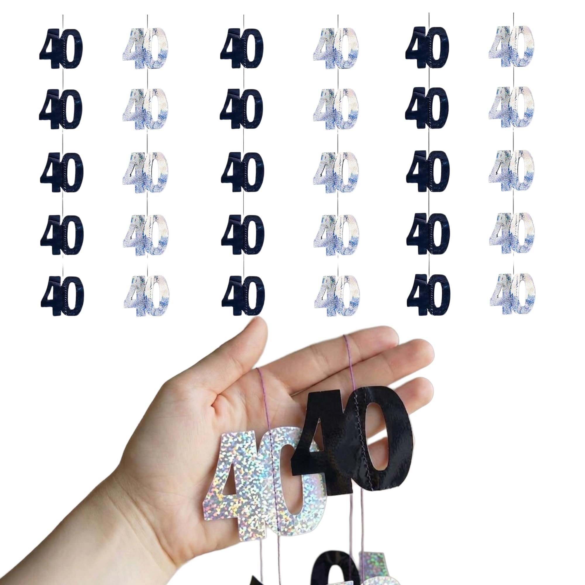 40th Glitz Black and Silver Anniversary Birthday Metallic Hanging String Shiny Foil Banner Party Door Wall Decorations Pack of 6