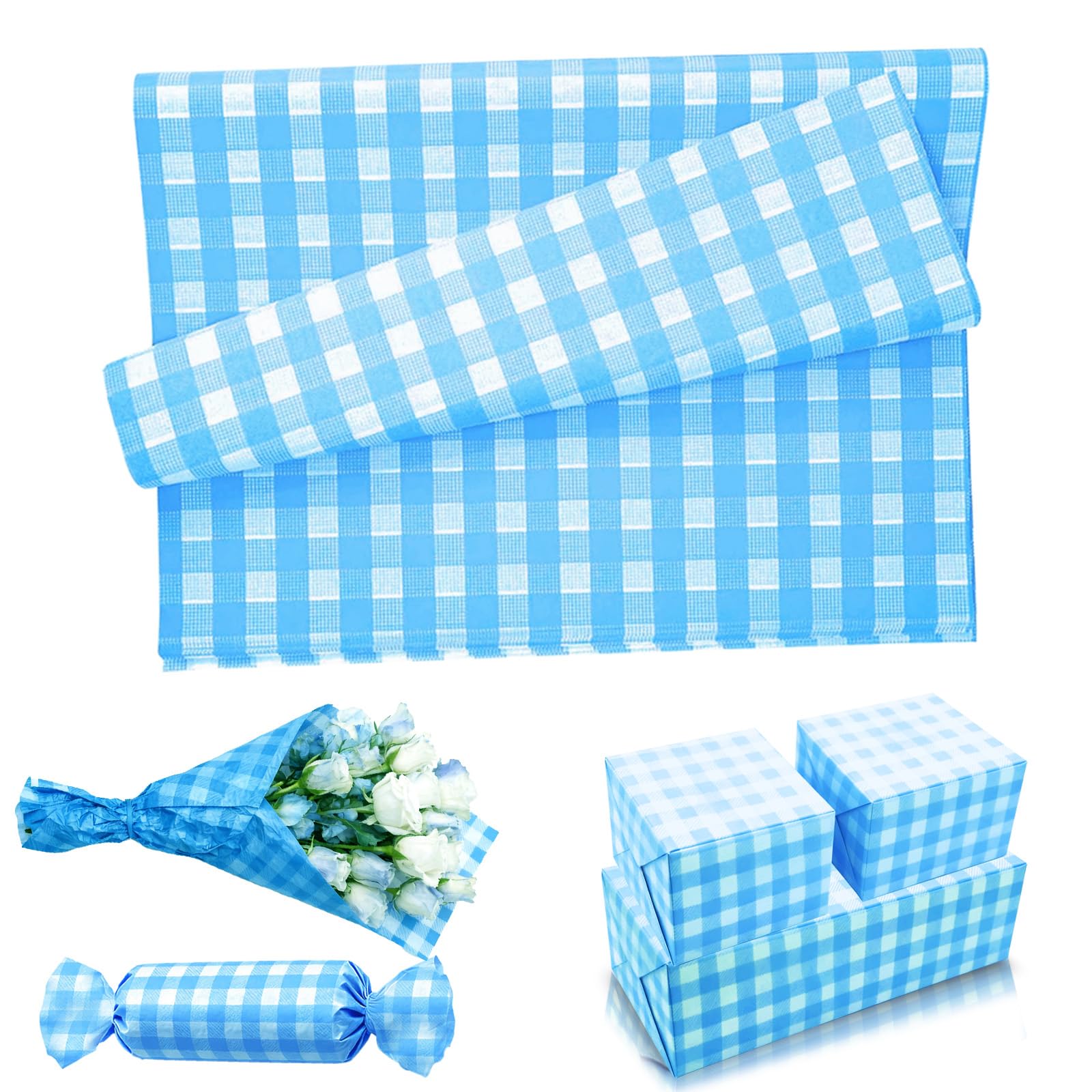 50 Sheets Blue and White Checkered Tissue Paper for Wrapping Gifts,50x35cm Gingham Tissue Papers Sheets for Packaging,Gift Wrapping Paper for Crafts DIY Art Easter Birthday Gift Bags Decorations