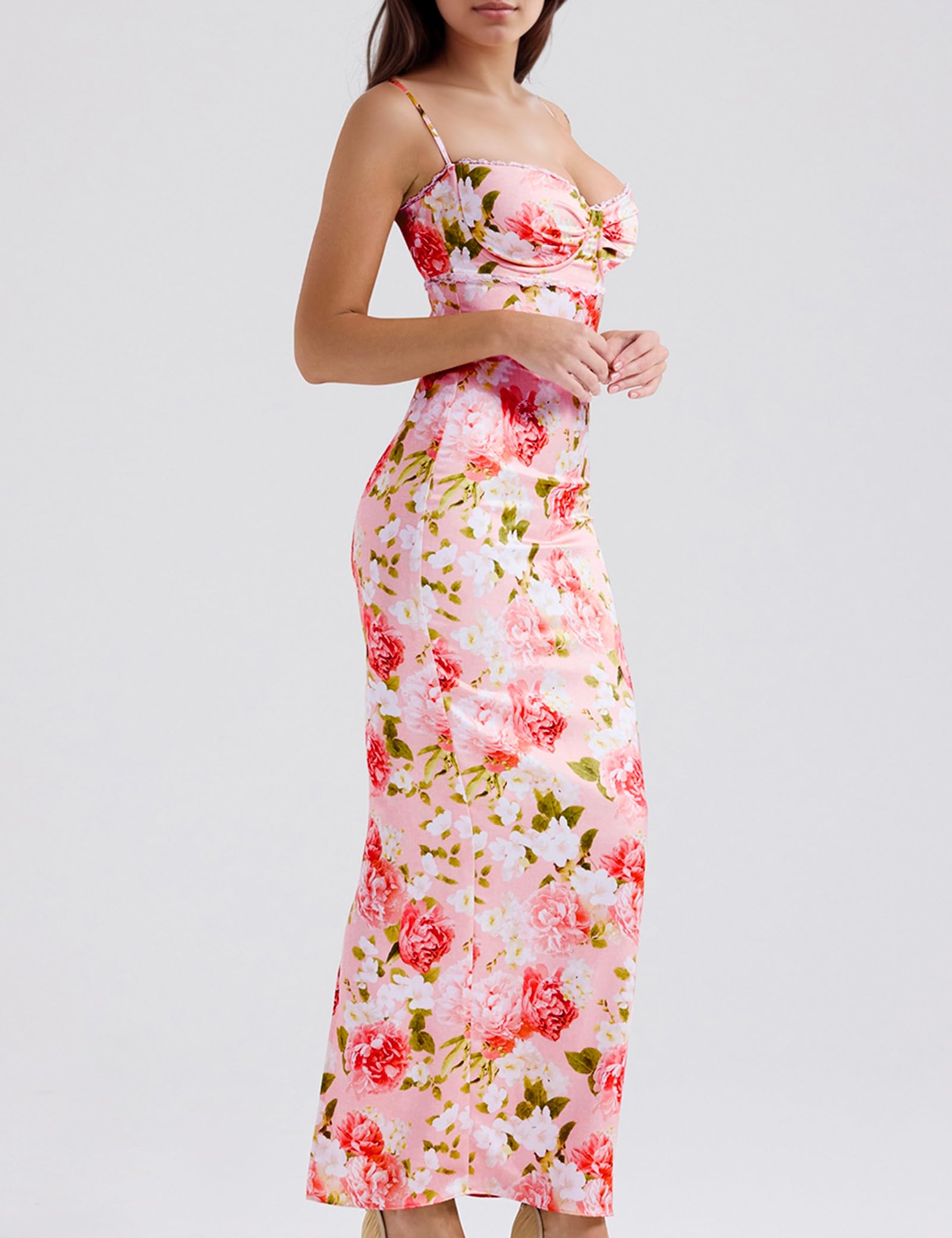 Women Sexy Backless Satin Maxi Dresses Spaghetti Strap Floral Print Dresses Slim Fit Elegant Long Dresses Night Party Outfits