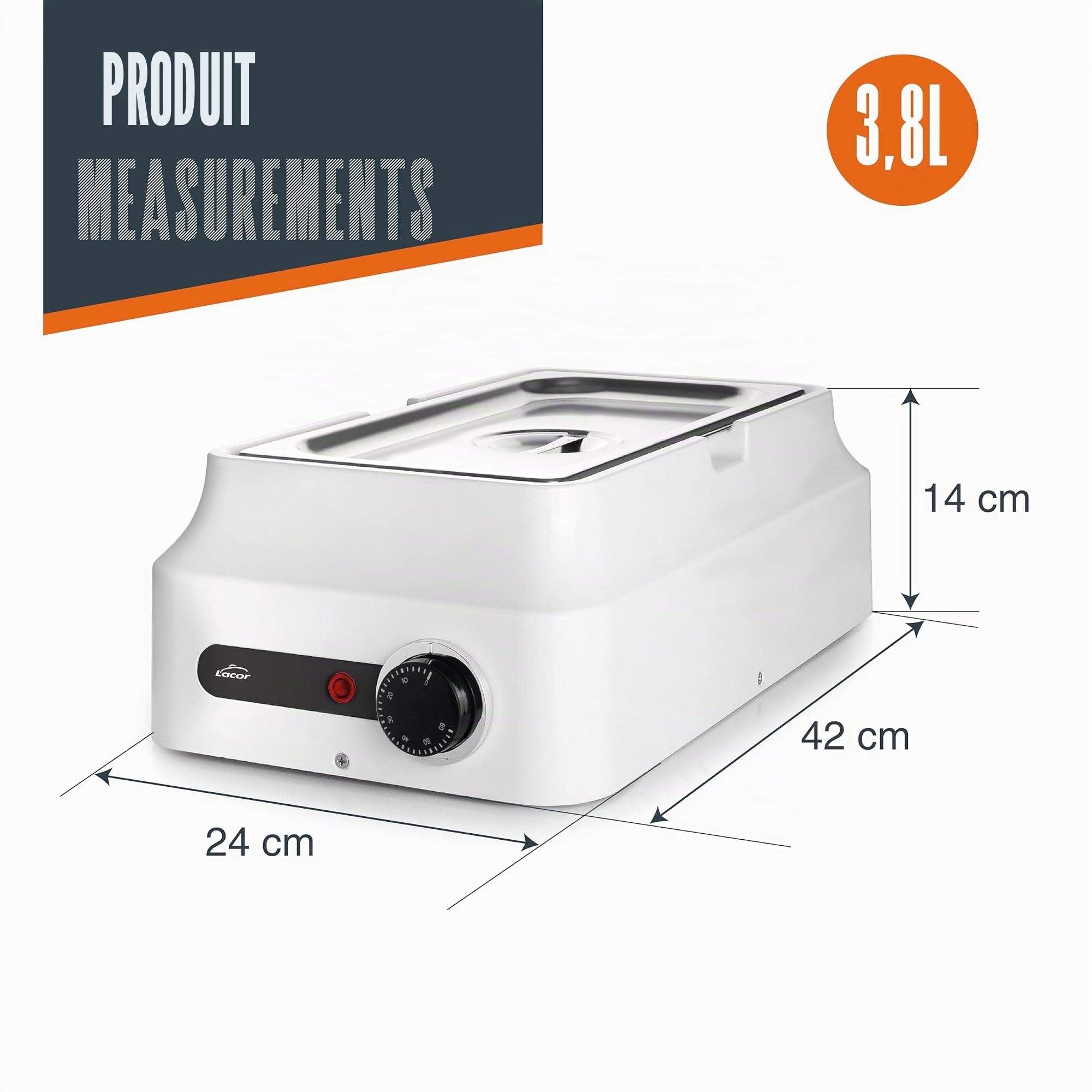 Lacor - 69618 - Bain-Marie à Chocolat, Blanc, 3,8 L, Acier Inoxydable 18/10, 80W, Thermostat Réglable 0-60 °C, Tempéreuse et Fondoir à Chocolat Professionnel, Chauffage 3D