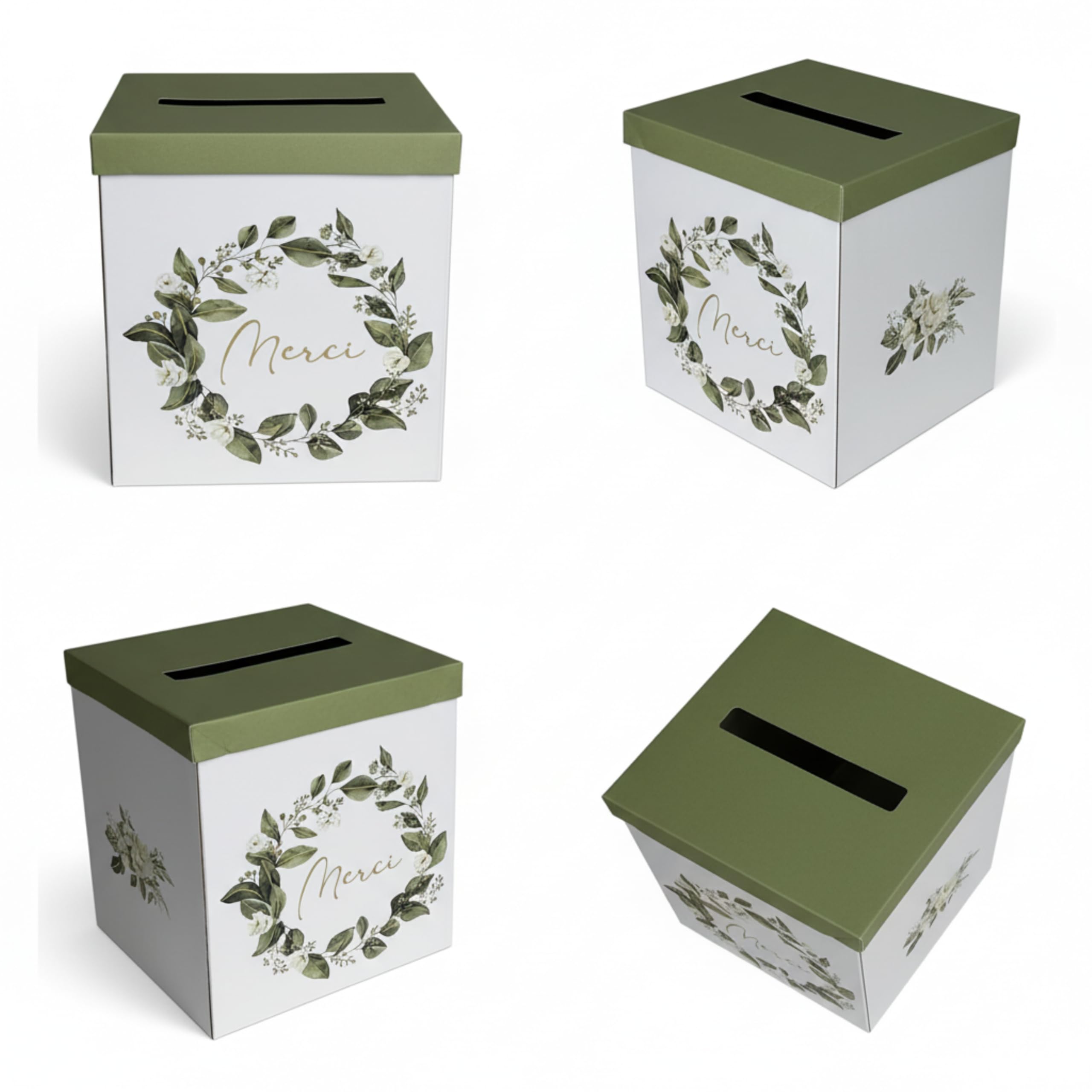 Pack Signature Vert et Or : 4 éléments (Urne Merci, Livre d’or, Stylo encre doré, Chevalet en bois) pour mariage, baptême, anniversaire, départ en retraite et toutes célébrations