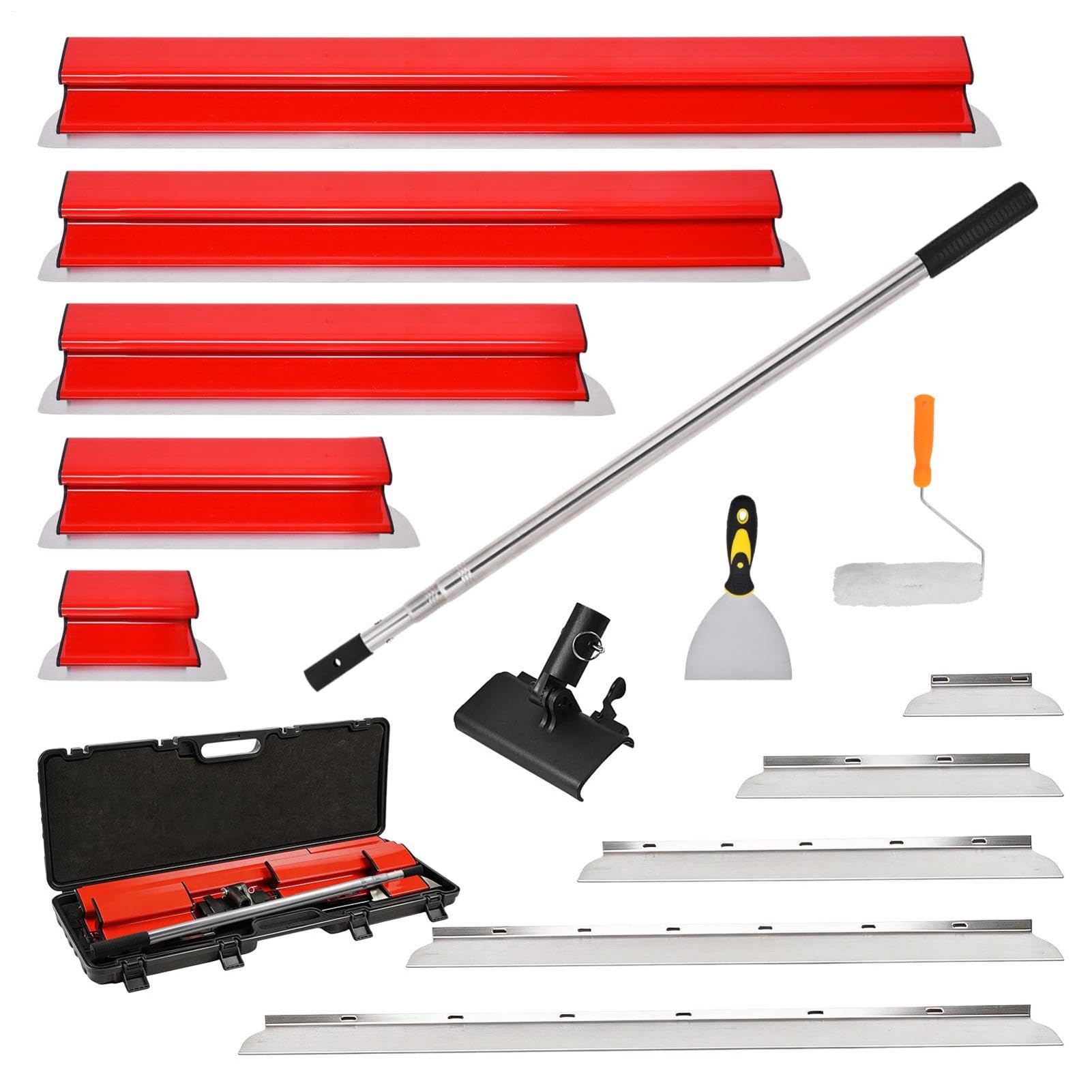 Flächenspachtel Set, (20,40,60,80,100cm) Spachtel Werkzeug Und 86cm-207cmTeleskopstange Mit Adapter, Multifunktionales Glättungsspatel-Kit Für Professionelle Trockenbaus, Verputzer(Rot)