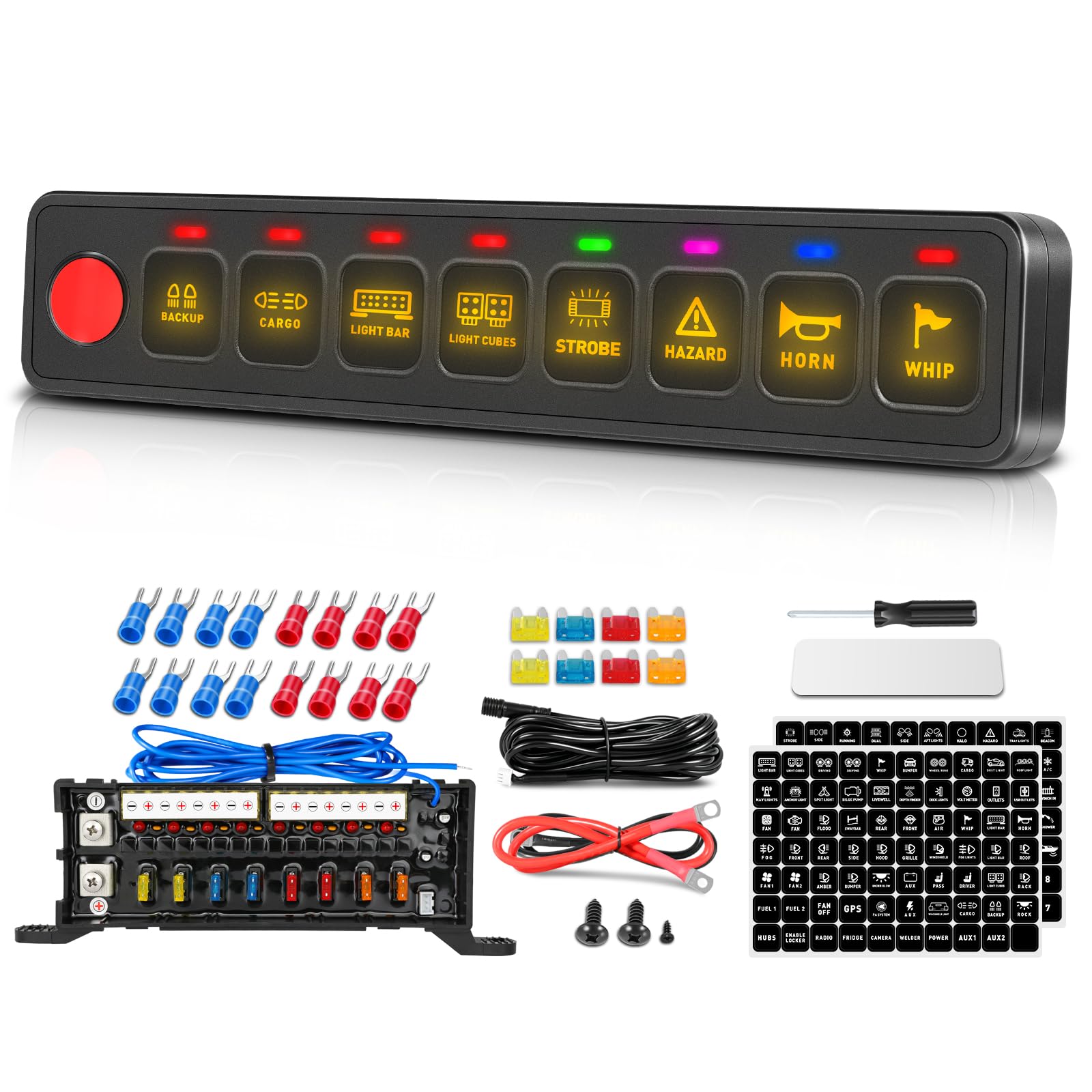 Panneau de commutation à 8 interrupteurs AKD Part - Boîtier de commande de circuit universel - Faisceau de câblage - Panneau tactile - 8 boutons marche/arrêt pour camions, pickup, SUV, UTV, bateau
