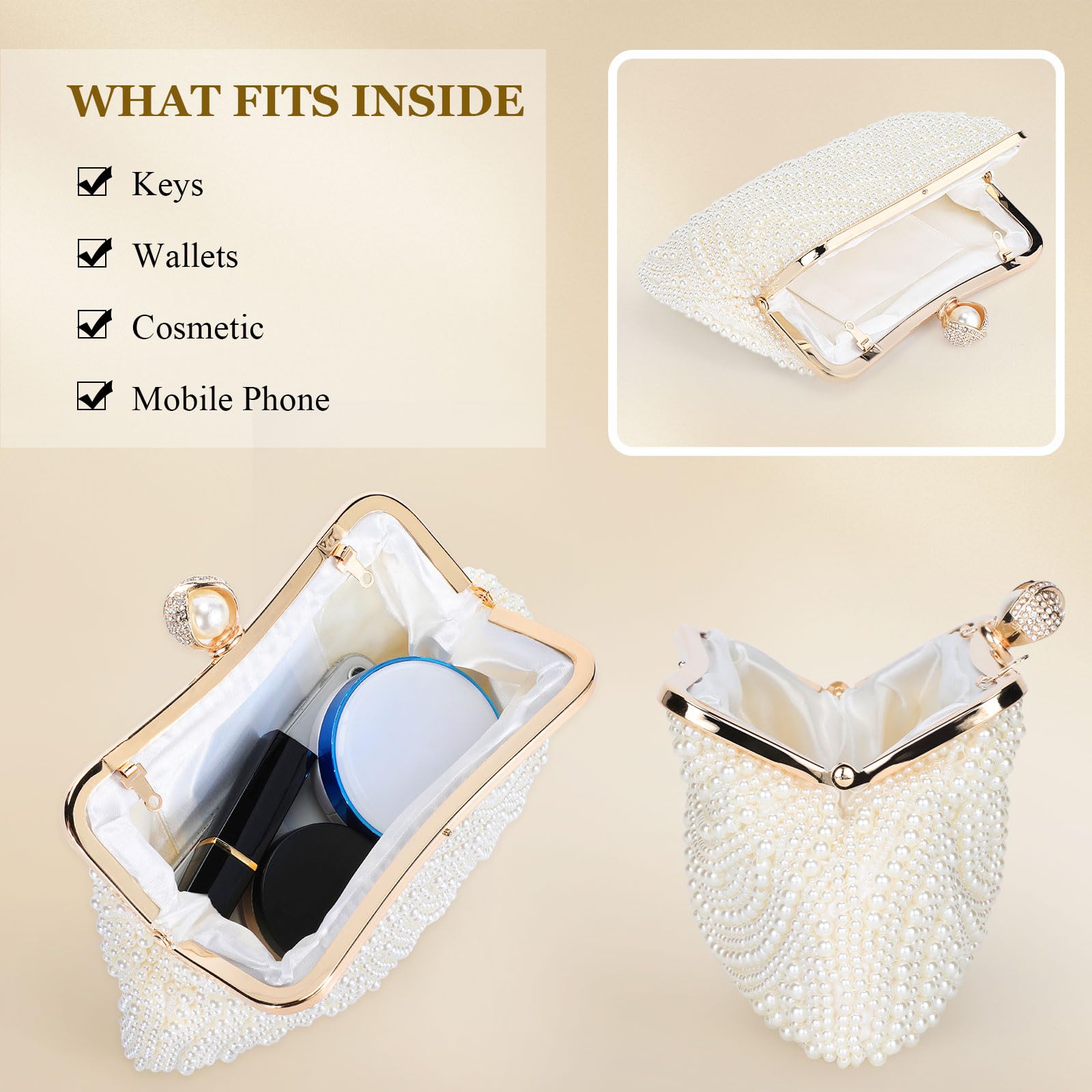 BAIGIO Perlen Damen Clutch Beige Abendtasche Brauttasche Elegant Handtasche Luxury Clutch für Mädcehen Umhängetaschen Klein Tasche für Hochzeit Geburtstag Afterparty Soft