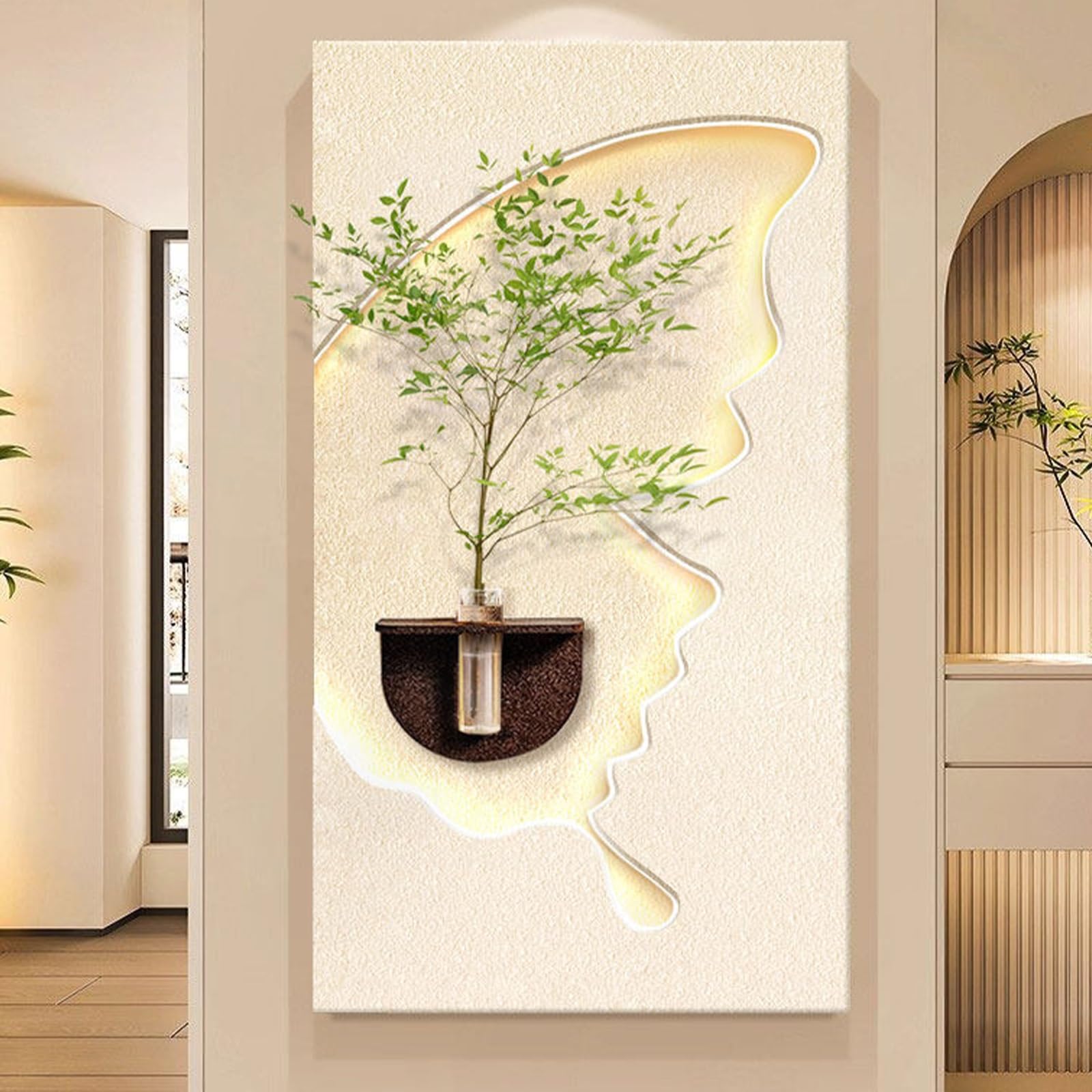 PGZMDTWI 3D Sandstone Textured LED Glass Vase Cream Sculpture,Modern Living Room Entryway Wall Painting Décor(A,100 * 190CM 9.4 * 74.8IN)