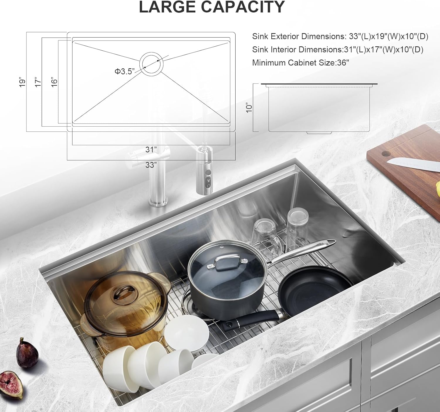 33 Inch Undermount Kitchen Sink Workstation, Stainless Steel Kitchen Sinks Single Bowl, Handmade Large Undermount Sink 33x19x10 with Accessories