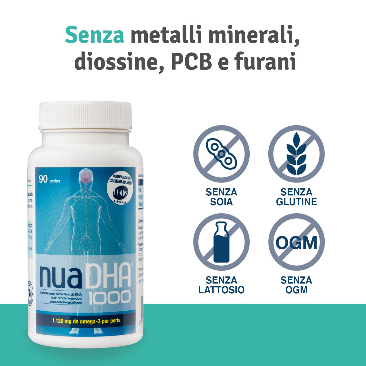 Nua Biological - NuaDHA 1000, Integratore Alimentare Omega-3 con DHA (da Olio di Pesce) - 90 Capsule in Forma di Trigliceridi (1000 mg di DHA per Capsula)