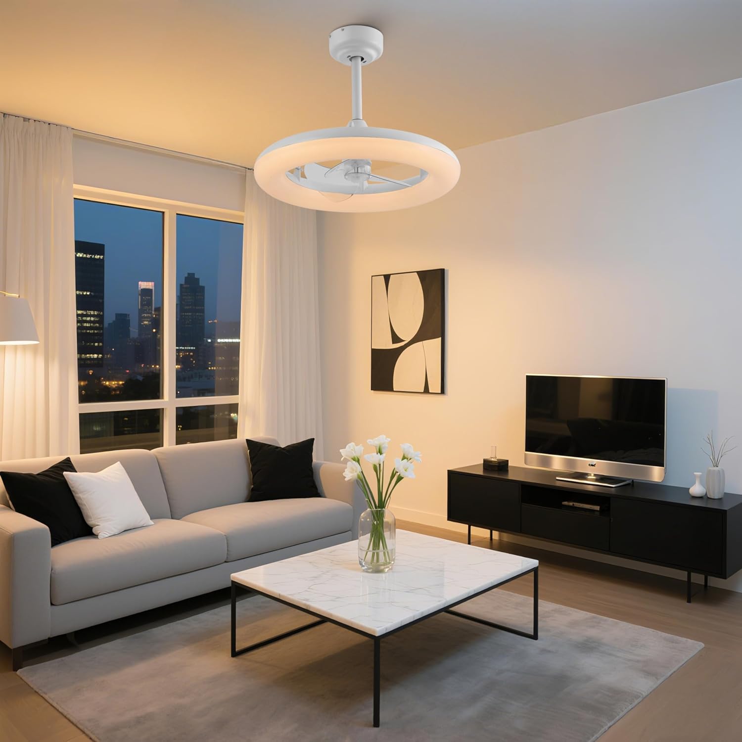 OVAL AIR AIR8001C Piero 21.5" Contemporary Minimalist 6-Speed Metal Mobile-App/Remote-Controlled Dimmable Smart Integrated LED Ceiling Fan Bedroom, Living Room, Dining Room, Frost White