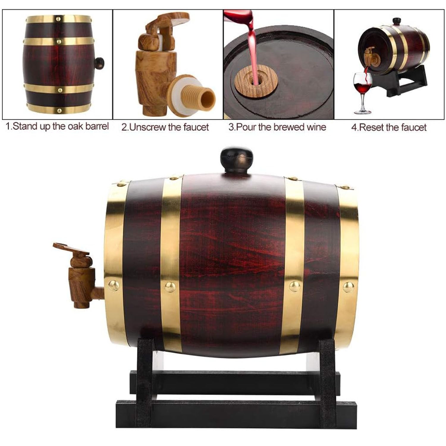 Fût à whisky de 5 litres, Grande Capacité Tonneau à Vin en Bois avec copeaux de chêne, Fût traditionnel de vin et de whisky Pour servir une table, pour vin, Whisky & Eau-de-Vie, Jaune clair