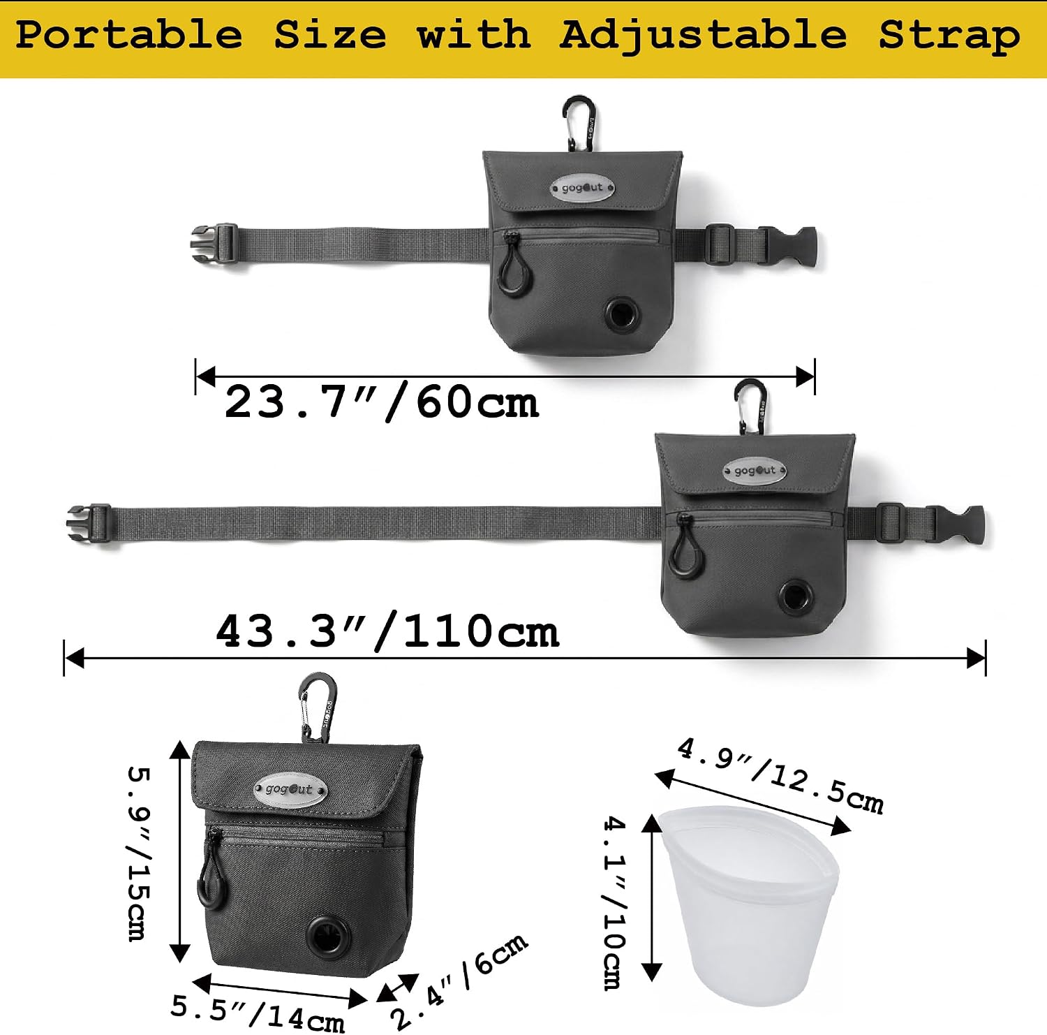 Dog Training Treat Pouch with Silicone Treat Bag, Magnetic Closure, Poop Bag Dispenser, Zippered Pocket, Metal Clip and Adjustable Waist Belt, Charcoal