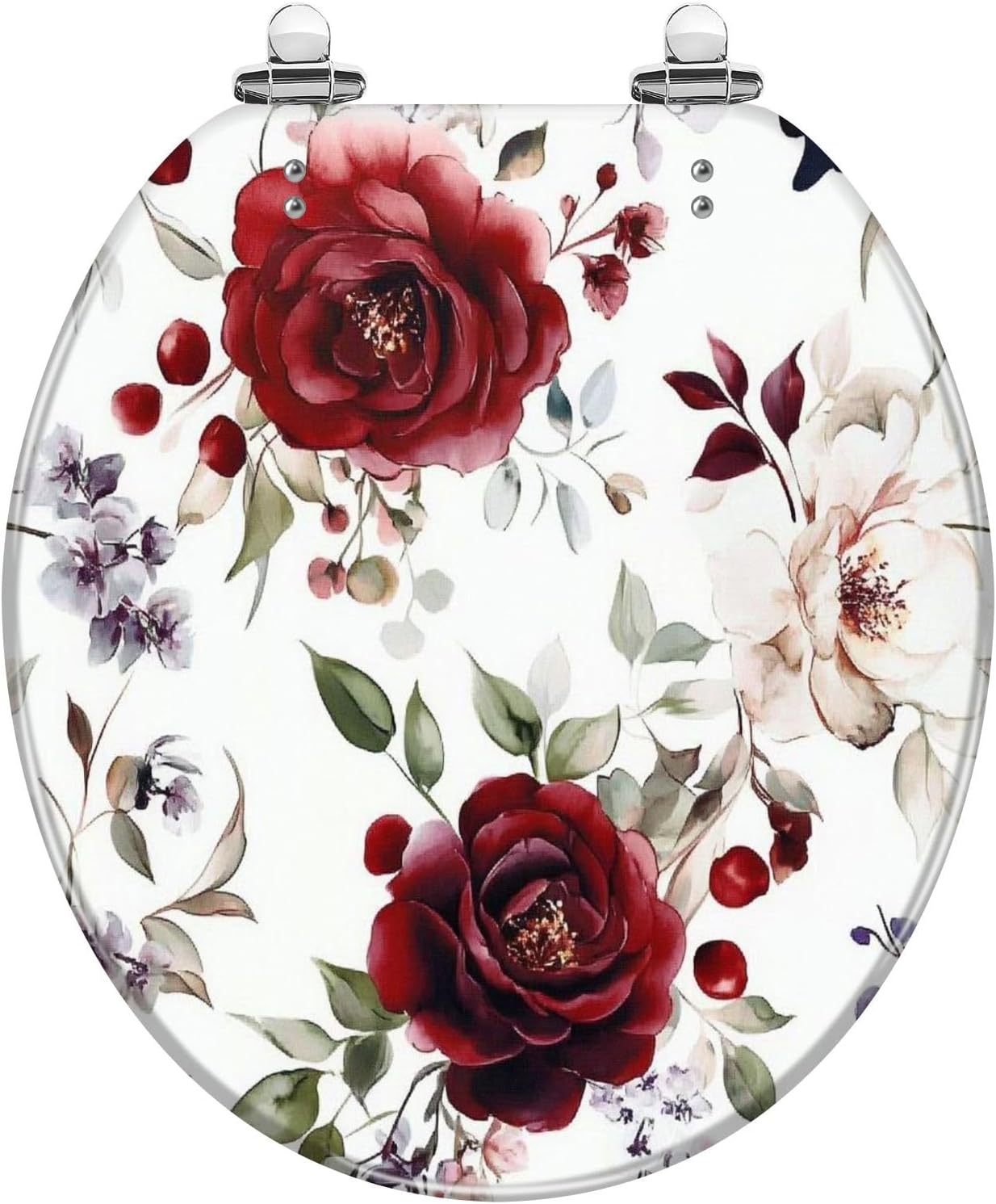 Decorative Resin Toilet Seat Hand Drawn Burgundy Seamless Pattern Flowers Leaves Quietly Close Quick Release Hinges Easy to Install