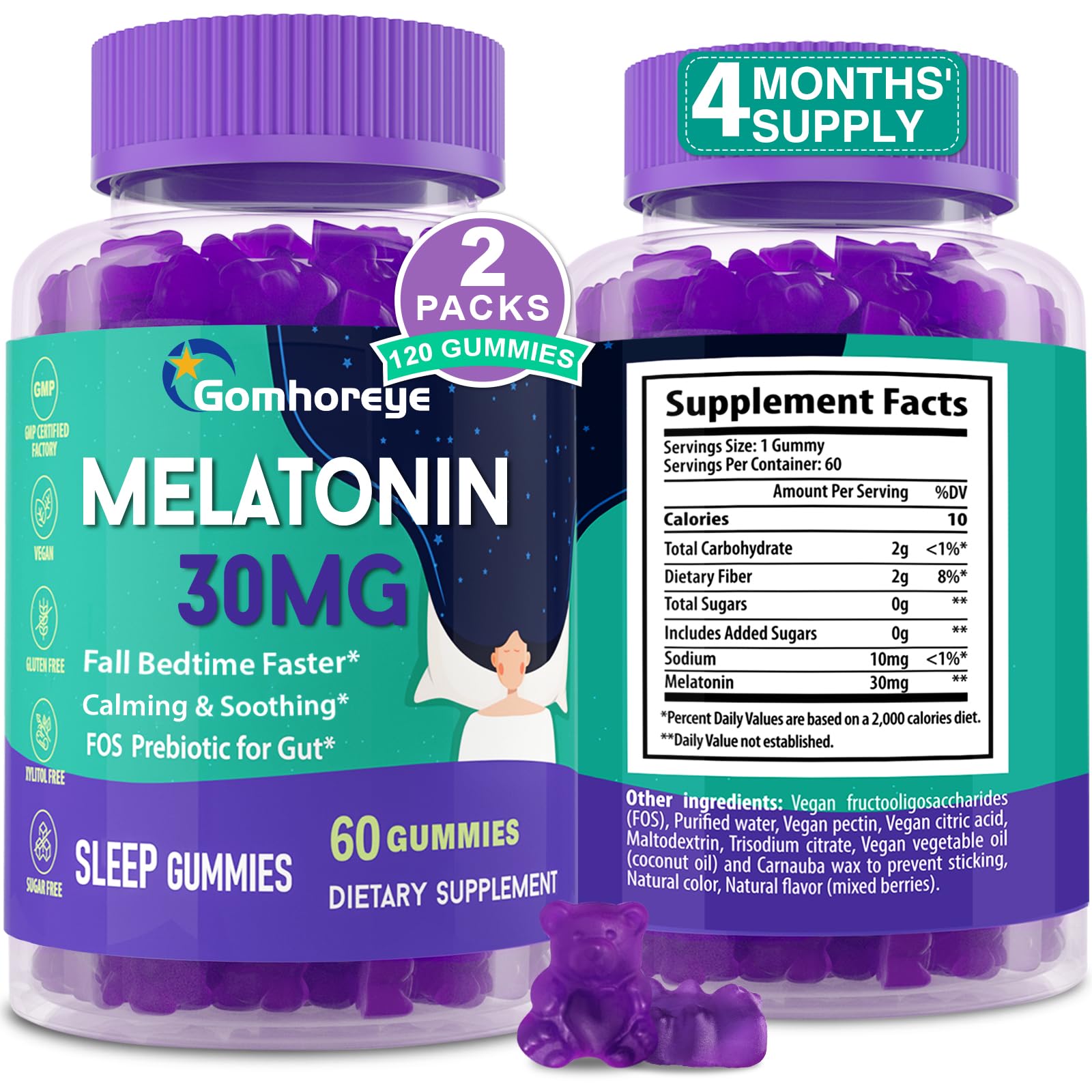 Melatonin Gummies 30mg for Adults - Maximum Strength Melatonin Gummies for Relaxation & Soothing, Exogenous Melatonin Supplement with FOS for Immune, Gut Health and pH Balance, Sugar Free -120 Counts