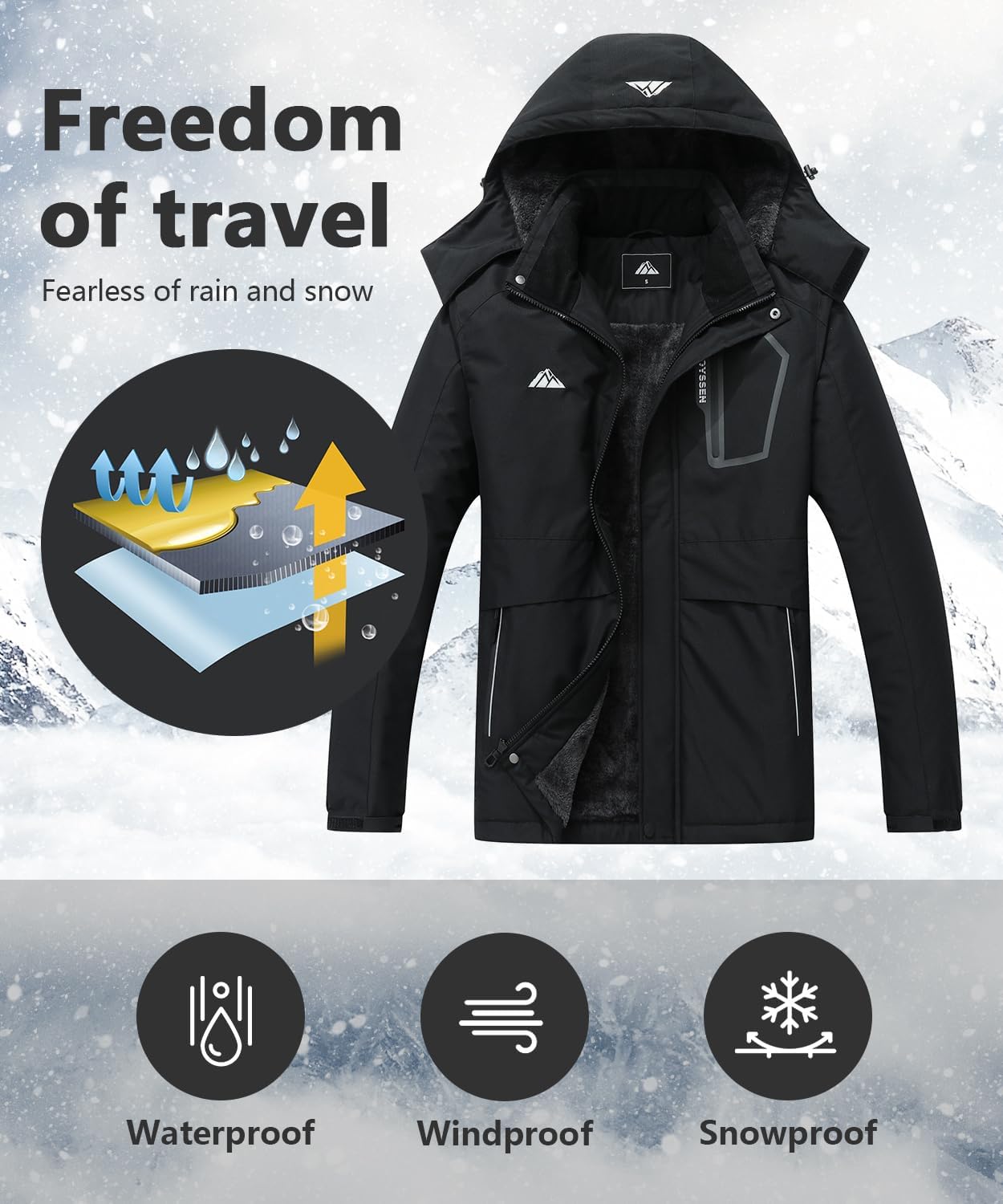 Men's Waterproof Winter Ski Jacket - Waterproof Fleece Lined Hooded Windproof Winter Snowboard Jacket - Image 3