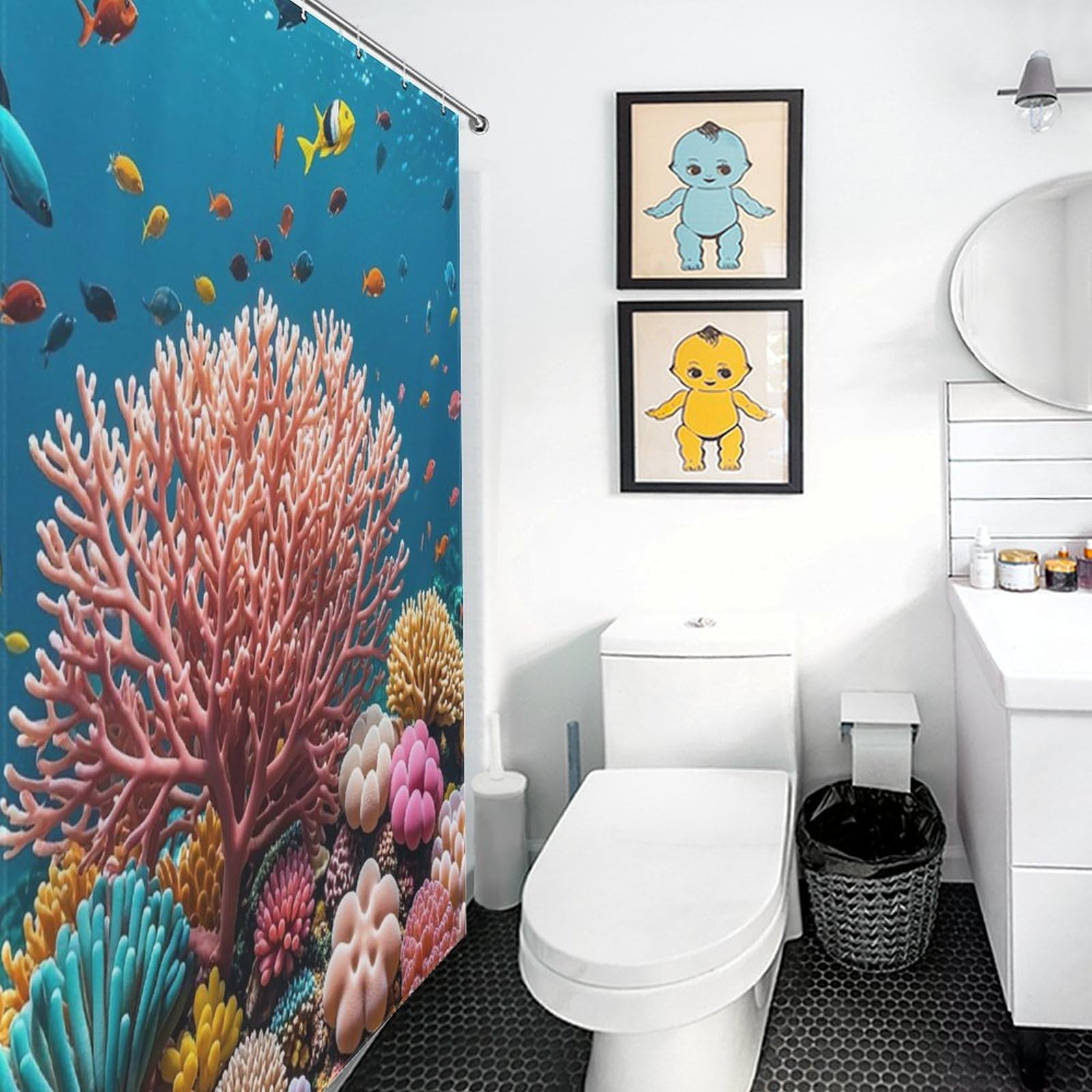 Rideau de douche pour salle de bain familiale motif corail avec crochets inclus