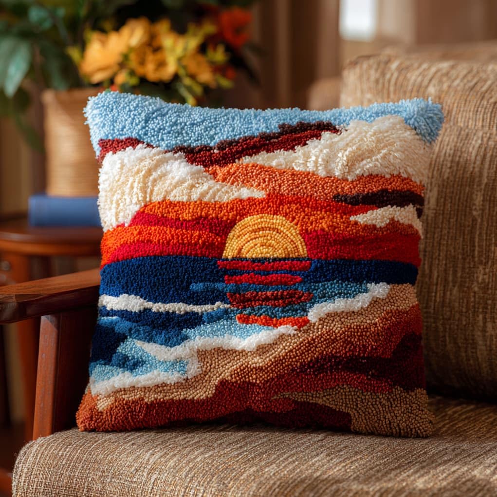 AxiangziK Creative Latch Hook Pillow Kit,Sunset sea View
