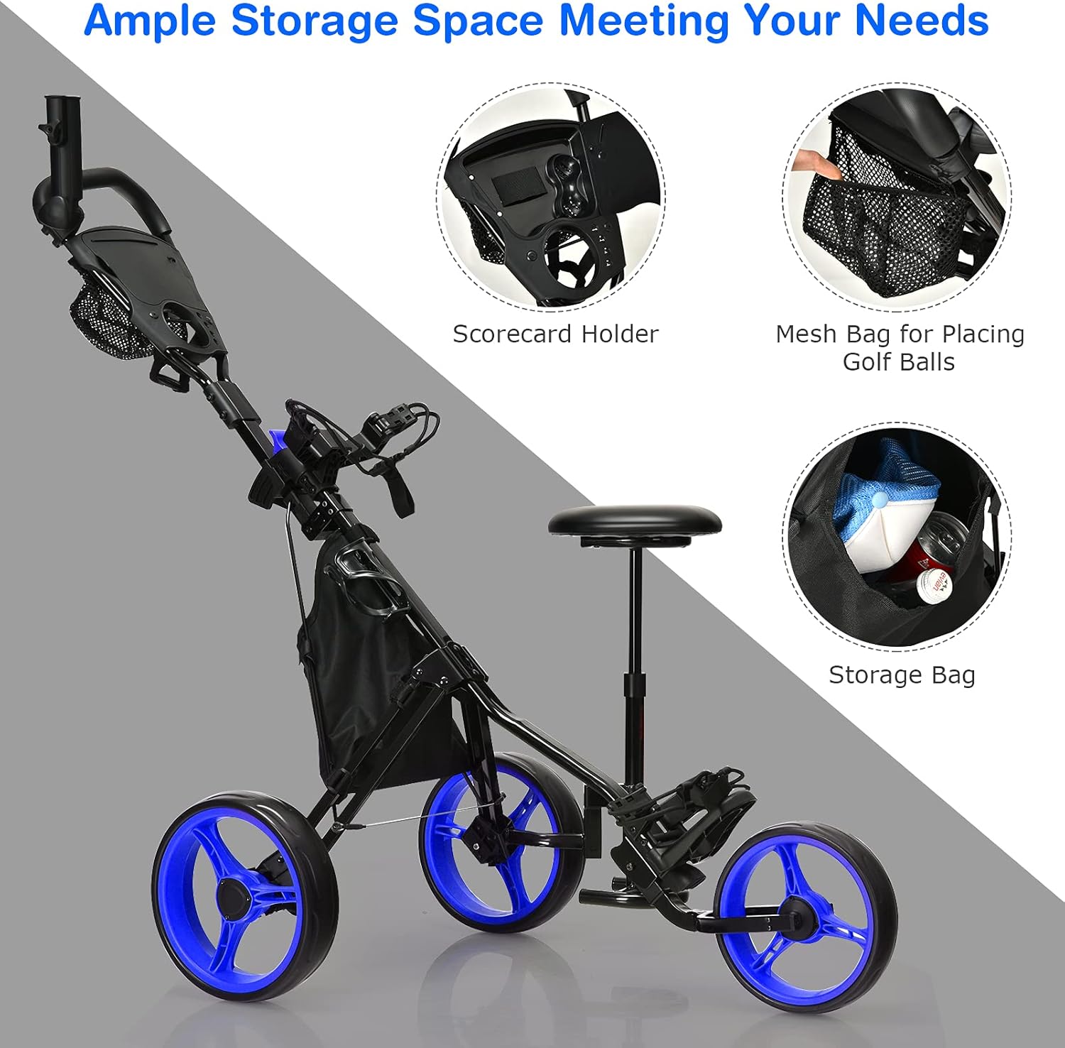 GYMAX Foldable 3-Wheel Height Adjustable Lightweight Golf Caddy Cart with Umbrella Holder, Hydraulic Seat, Storage Bag & Cup Holder