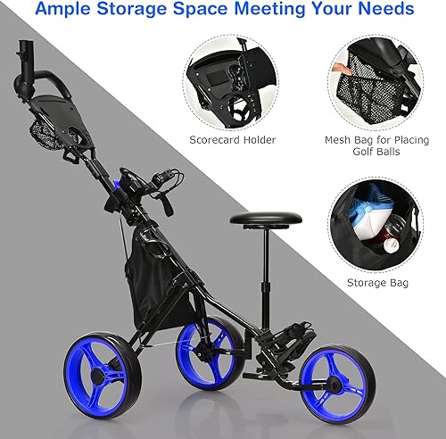 Miniatura 4 de GYMAX Carrito de golf ligero plegable de 3 ruedas de altura ajustable con soporte para paraguas, asiento hidráulico, bolsa de almacenamiento y