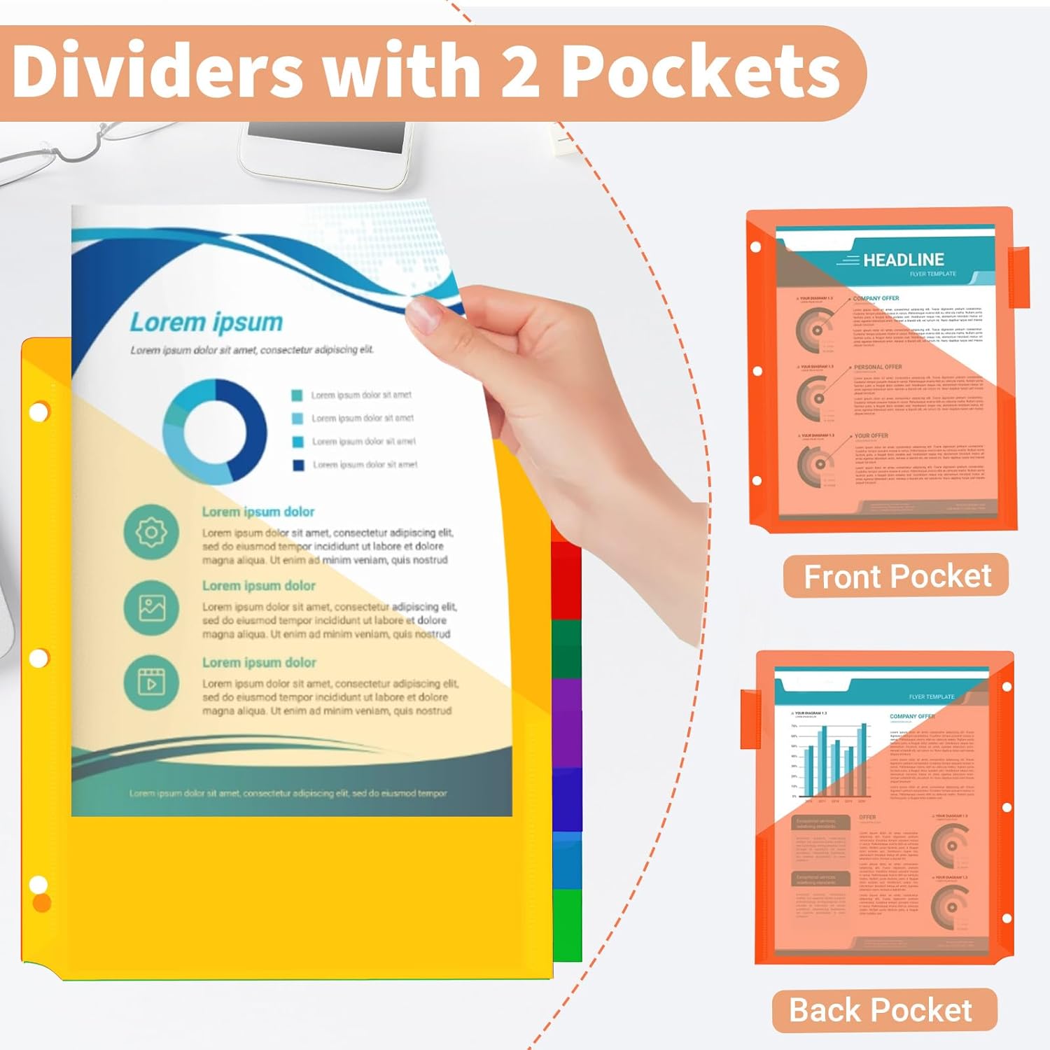 Binditek Plastic 8-Tab Binder Dividers with 2 Pockets, 6 Set 48 Pack, Pocket Dividers, for 3 Ring Binders, Letter Size, Includes Writable Labels, Assorted Colors