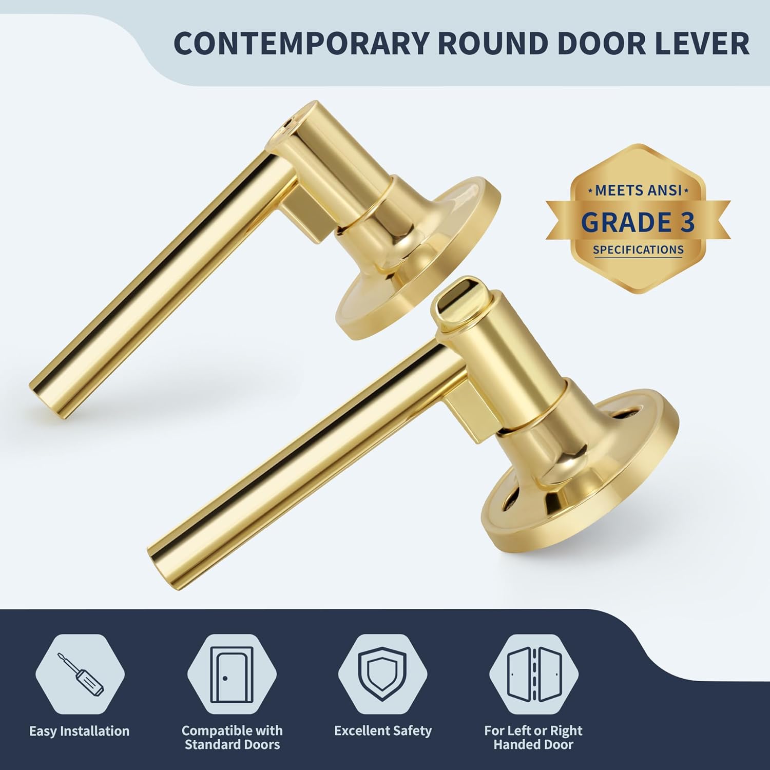 Polished Gold Round Style Door Handle with Lock and Key, Keyed Entry Reversible Door Lever for Office or Front Door, Polished Brass Finish